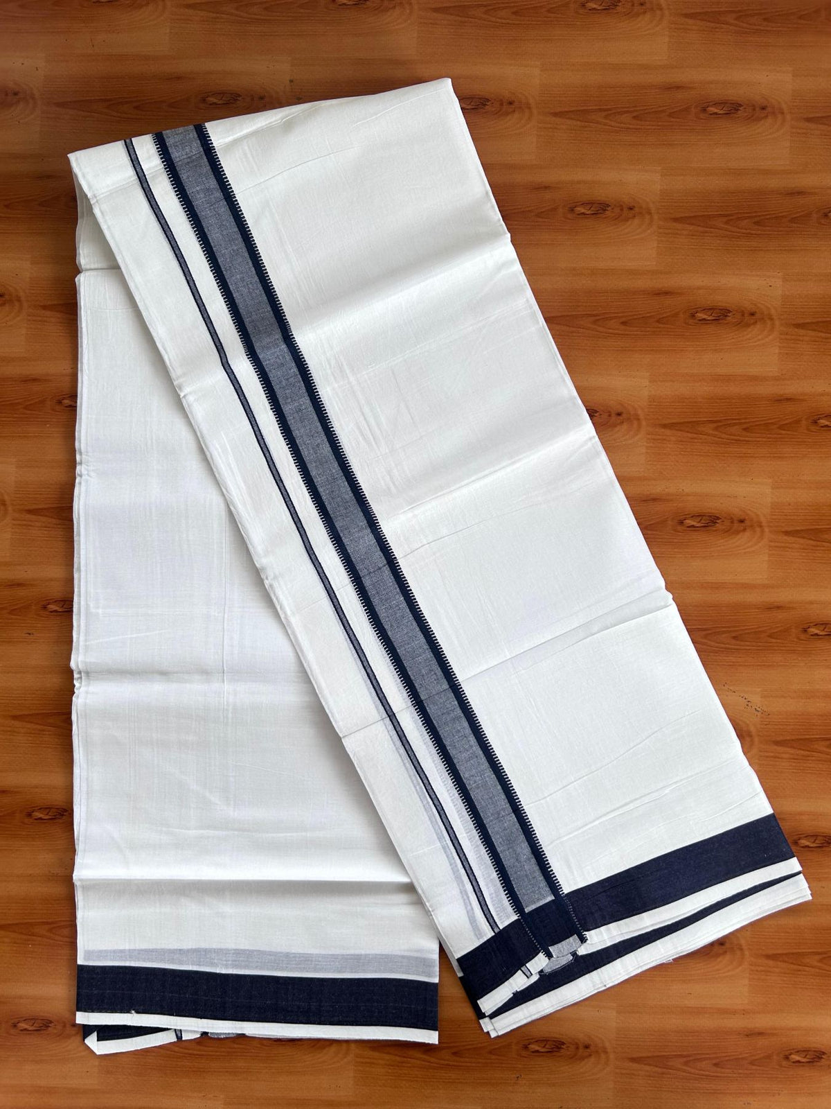 Pure white Double Mundu/Dhoti - 20% Discount! KaithariKada 100% Cotton - 100X80 - 1.25 inch Navy Blue Stripes Kara - 3.90 mtr (8.5 muzham) - 28 KK5515 CKS