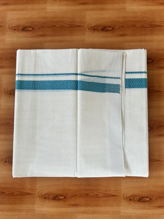 Double Off White (Unbleached) Mundu/Dhoti- 20% Discount! KaithariKada Pure Cotton - 100X80 - 1 inch Teal Green Shaded Check Design Kara - 4 mtr (8.5 Muzham) - 8 KK5452 THI
