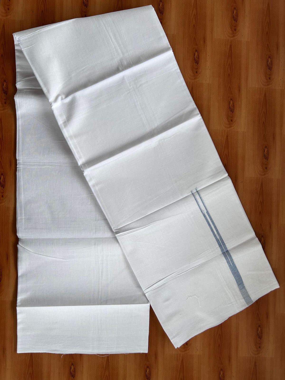Double Pure White Mundu/Dhoti - 20% Discount !! KaithariKada Balaramapuram 100% Cotton - 100x80 - 0.5 inch Blue Striped Chutty Kara 3.75 mtr (8 muzham) - 11 KK5515 CKS