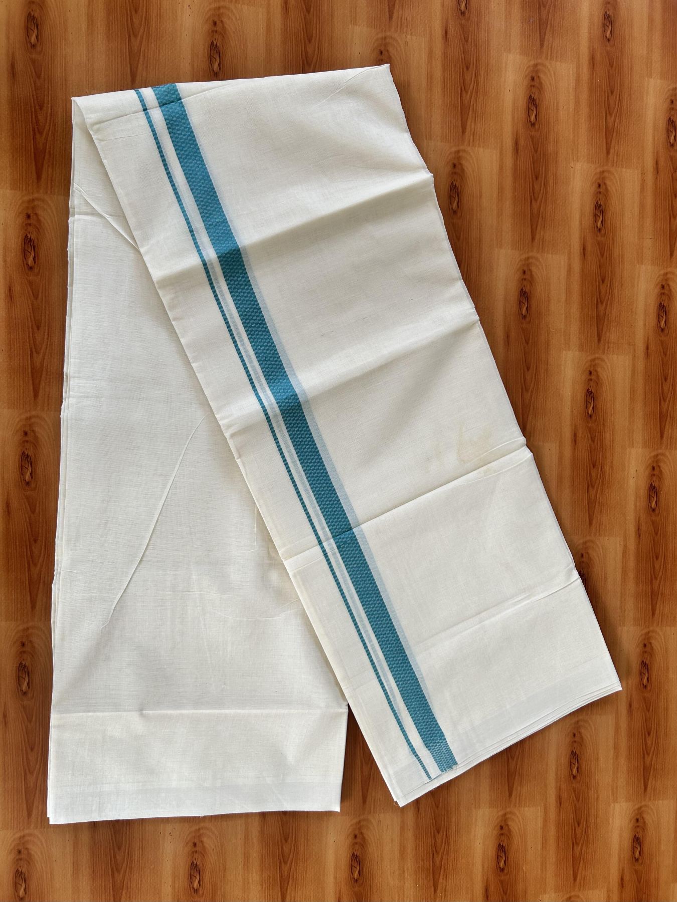 Double Off White (Unbleached) Mundu/Dhoti- 20% Discount! KaithariKada Pure Cotton - 100X80 - 1 inch Teal Green Shaded Check Design Kara - 4 mtr (8.5 Muzham) - 8 KK5452 THI