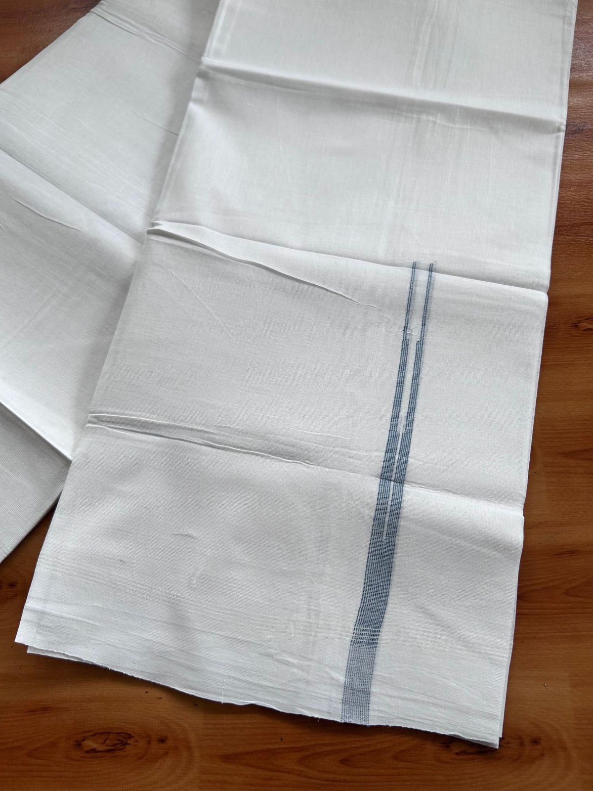 Double Pure White Mundu/Dhoti - 20% Discount !! KaithariKada Balaramapuram 100% Cotton - 100x80 - 0.5 inch Blue Striped Chutty Kara 3.75 mtr (8 muzham) - 11 KK5515 CKS