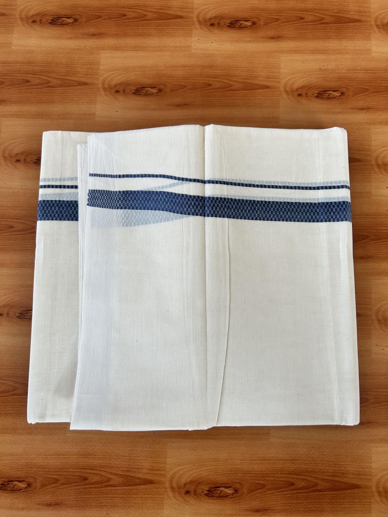 Double Off White (Unbleached) Mundu/Dhoti- 20% Discount! KaithariKada Pure Cotton - 100X80 - 1 inch Dark Antique Blue Shaded Check Design Kara - 4 mtr (8.5 Muzham) - 11 KK5452 THI