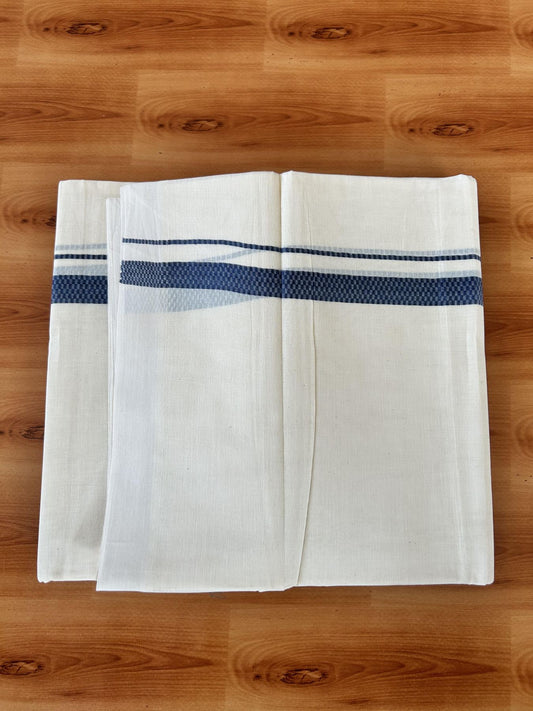 Double Off White (Unbleached) Mundu/Dhoti- 20% Discount! KaithariKada Pure Cotton - 100X80 - 1 inch Dark Antique Blue Shaded Check Design Kara - 4 mtr (8.5 Muzham) - 11 KK5452 THI