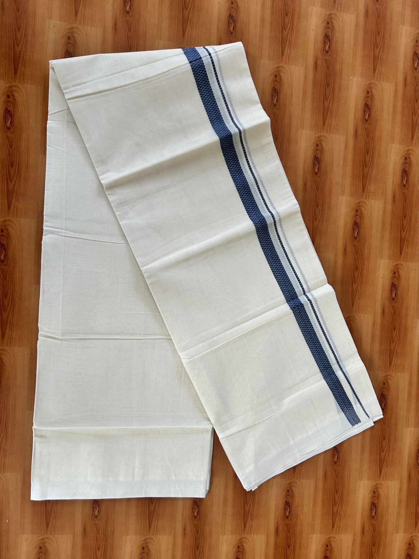 Double Off White (Unbleached) Mundu/Dhoti- 20% Discount! KaithariKada Pure Cotton - 100X80 - 1 inch Dark Antique Blue Shaded Check Design Kara - 4 mtr (8.5 Muzham) - 11 KK5452 THI