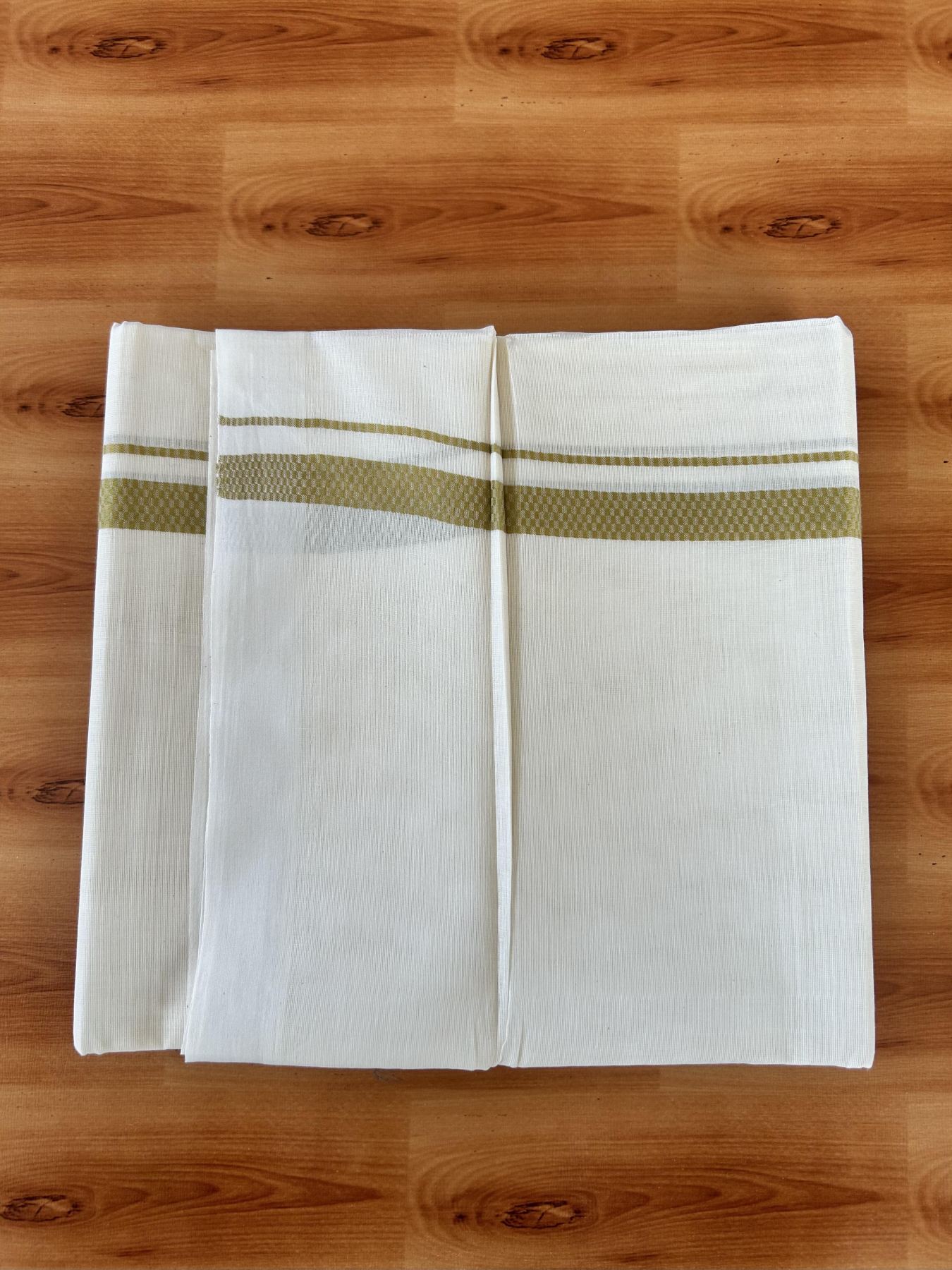 Double Off White (Unbleached) Mundu/Dhoti- 20% Discount! KaithariKada Pure Cotton - 100X80 - 1 inch Golden Yellow Shaded Check Design Kara - 4 mtr (8.5 Muzham) - 12 KK5452 THI
