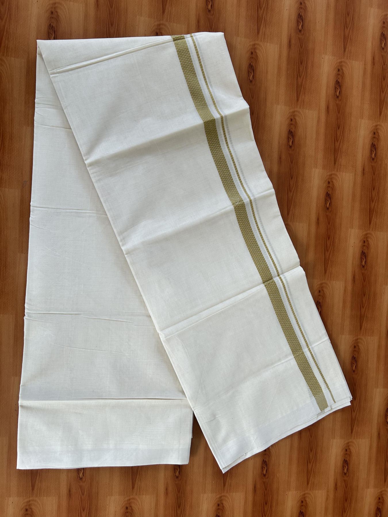 Double Off White (Unbleached) Mundu/Dhoti- 20% Discount! KaithariKada Pure Cotton - 100X80 - 1 inch Golden Yellow Shaded Check Design Kara - 4 mtr (8.5 Muzham) - 12 KK5452 THI