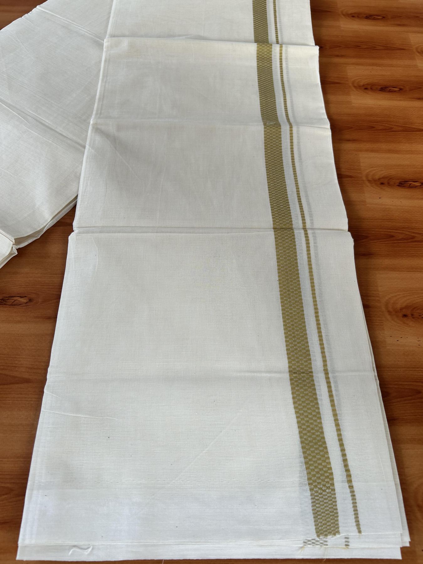 Double Off White (Unbleached) Mundu/Dhoti- 20% Discount! KaithariKada Pure Cotton - 100X80 - 1 inch Golden Yellow Shaded Check Design Kara - 4 mtr (8.5 Muzham) - 12 KK5452 THI