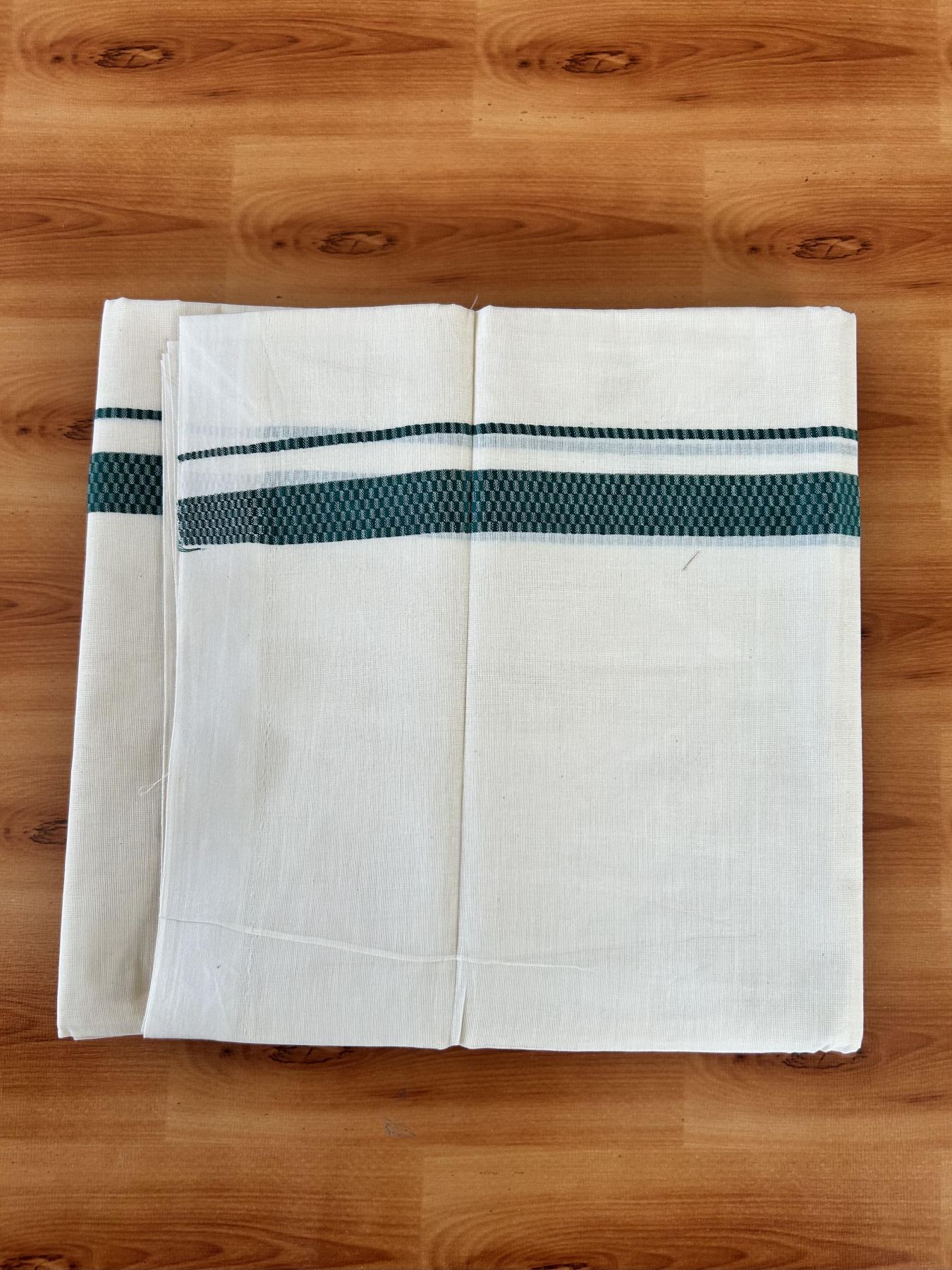 Double Off White (Unbleached) Mundu/Dhoti- 20% Discount! KaithariKada Pure Cotton - 100X80 - 1 inch Green Shaded Check Design Kara - 4 mtr (8.5 Muzham) - 10 KK5452 THI