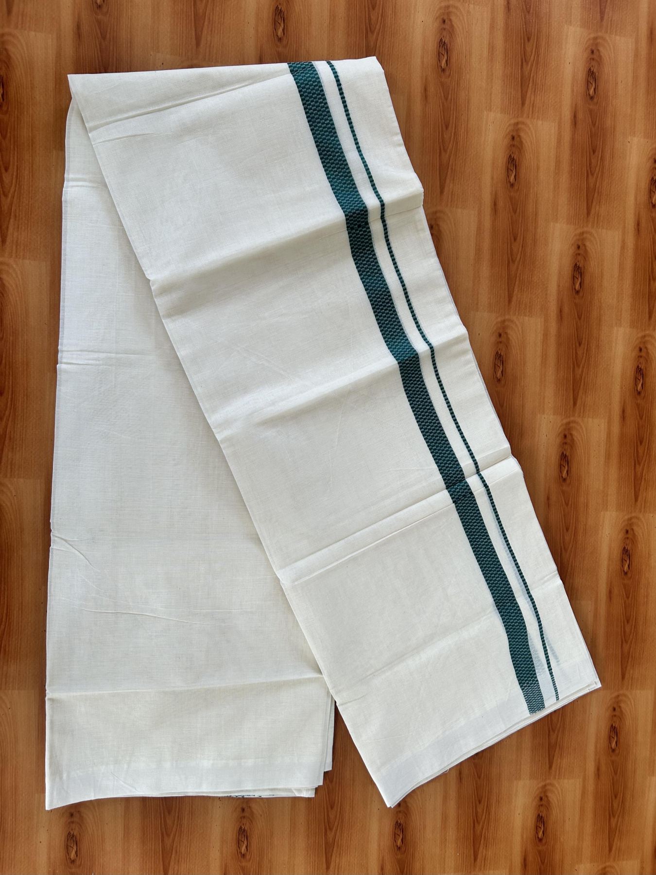 Double Off White (Unbleached) Mundu/Dhoti- 20% Discount! KaithariKada Pure Cotton - 100X80 - 1 inch Green Shaded Check Design Kara - 4 mtr (8.5 Muzham) - 10 KK5452 THI