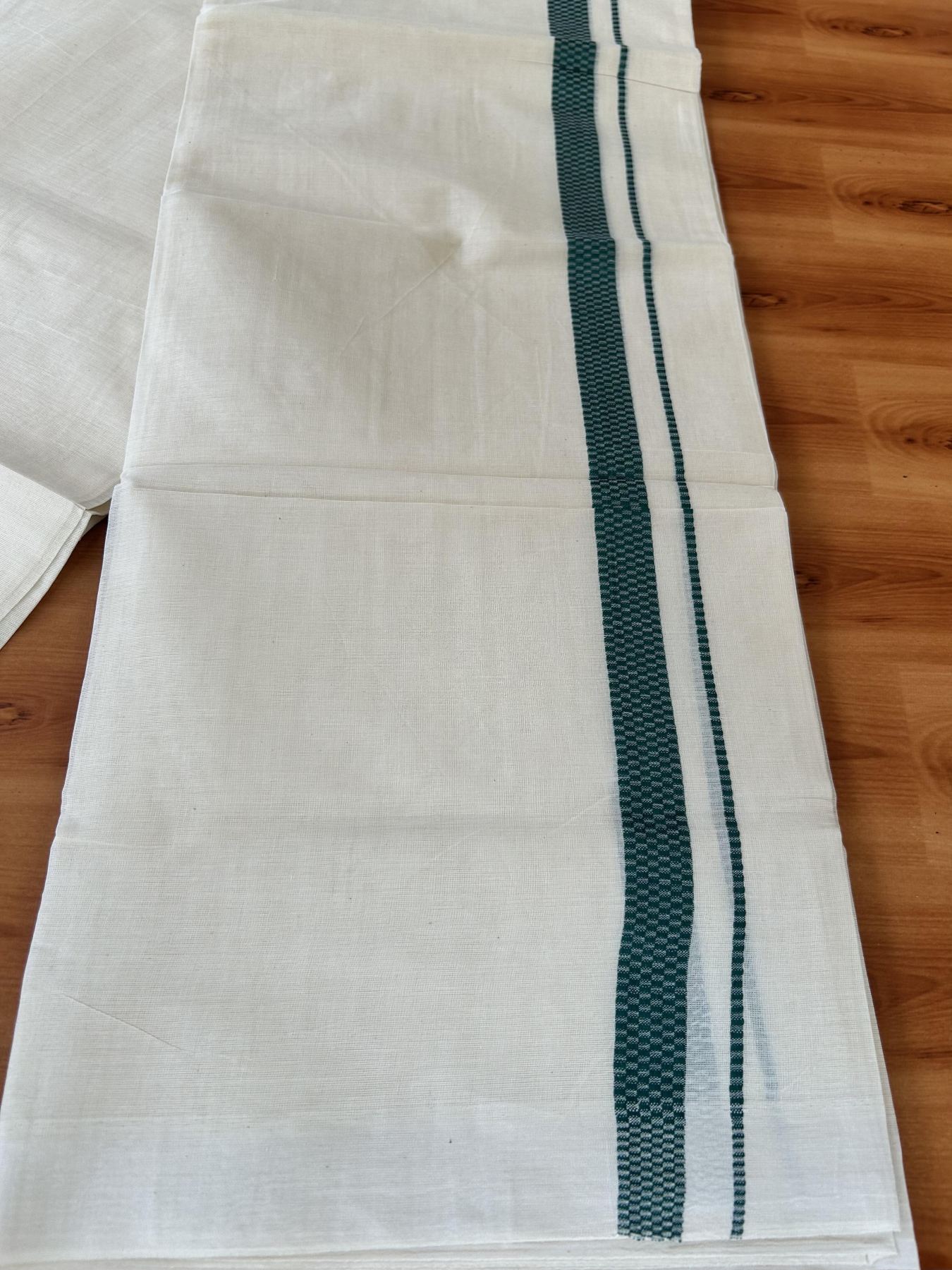 Double Off White (Unbleached) Mundu/Dhoti- 20% Discount! KaithariKada Pure Cotton - 100X80 - 1 inch Green Shaded Check Design Kara - 4 mtr (8.5 Muzham) - 10 KK5452 THI