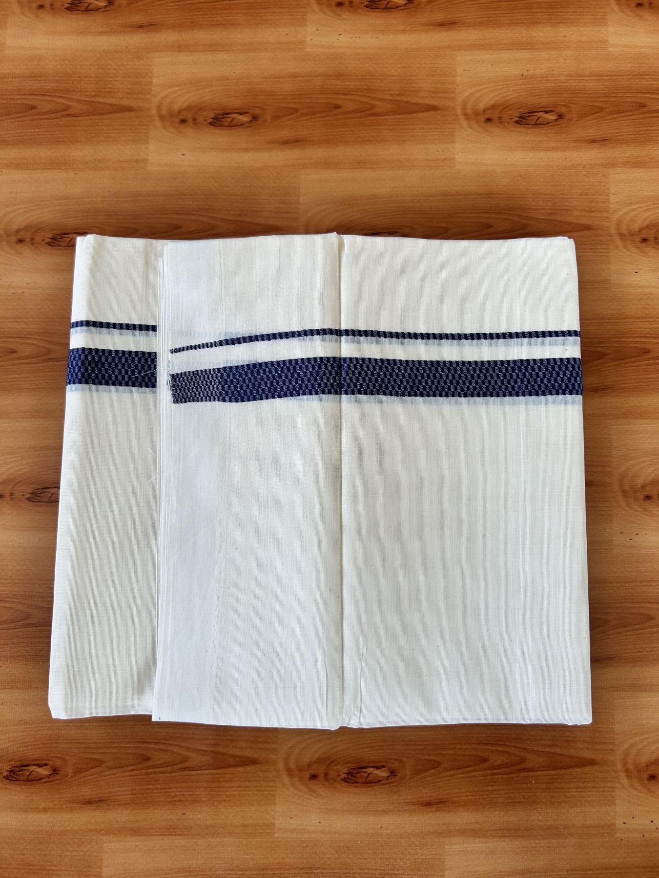 Double Off White (Unbleached) Mundu/Dhoti- 20% Discount! KaithariKada Pure Cotton - 100X80 - 1 inch Navy Blue Shaded Check Design Kara - 4 mtr (8.5 Muzham) - 5 KK5452 THI