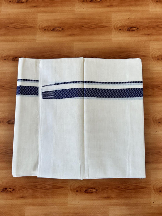 Double Off White (Unbleached) Mundu/Dhoti- 20% Discount! KaithariKada Pure Cotton - 100X80 - 1 inch Navy Blue Shaded Check Design Kara - 4 mtr (8.5 Muzham) - 5 KK5452 THI