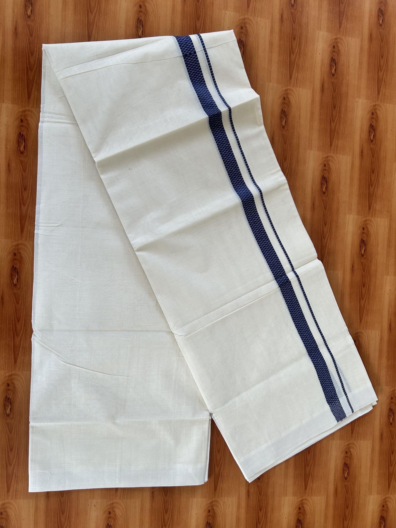 Double Off White (Unbleached) Mundu/Dhoti- 20% Discount! KaithariKada Pure Cotton - 100X80 - 1 inch Navy Blue Shaded Check Design Kara - 4 mtr (8.5 Muzham) - 5 KK5452 THI