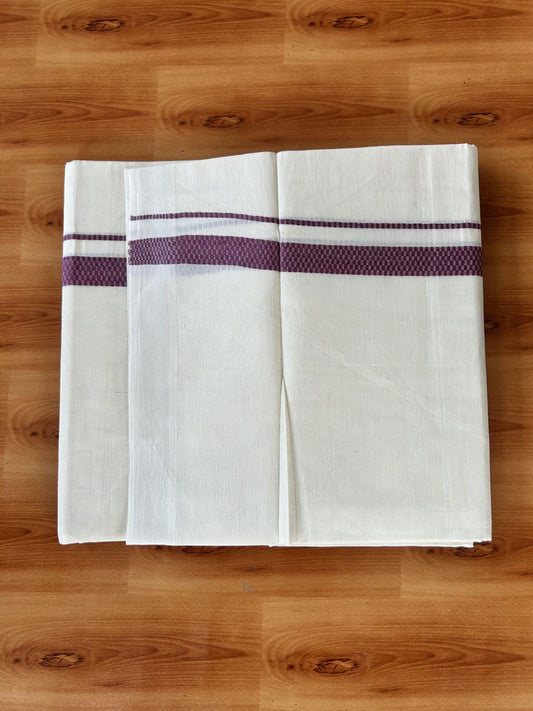 Double Off White (Unbleached) Mundu/Dhoti- 20% Discount! KaithariKada Pure Cotton - 100X80 - 1 inch Onion Pink Shaded Check Design Kara - 4 mtr (8.5 Muzham) - 6 KK5452 THI