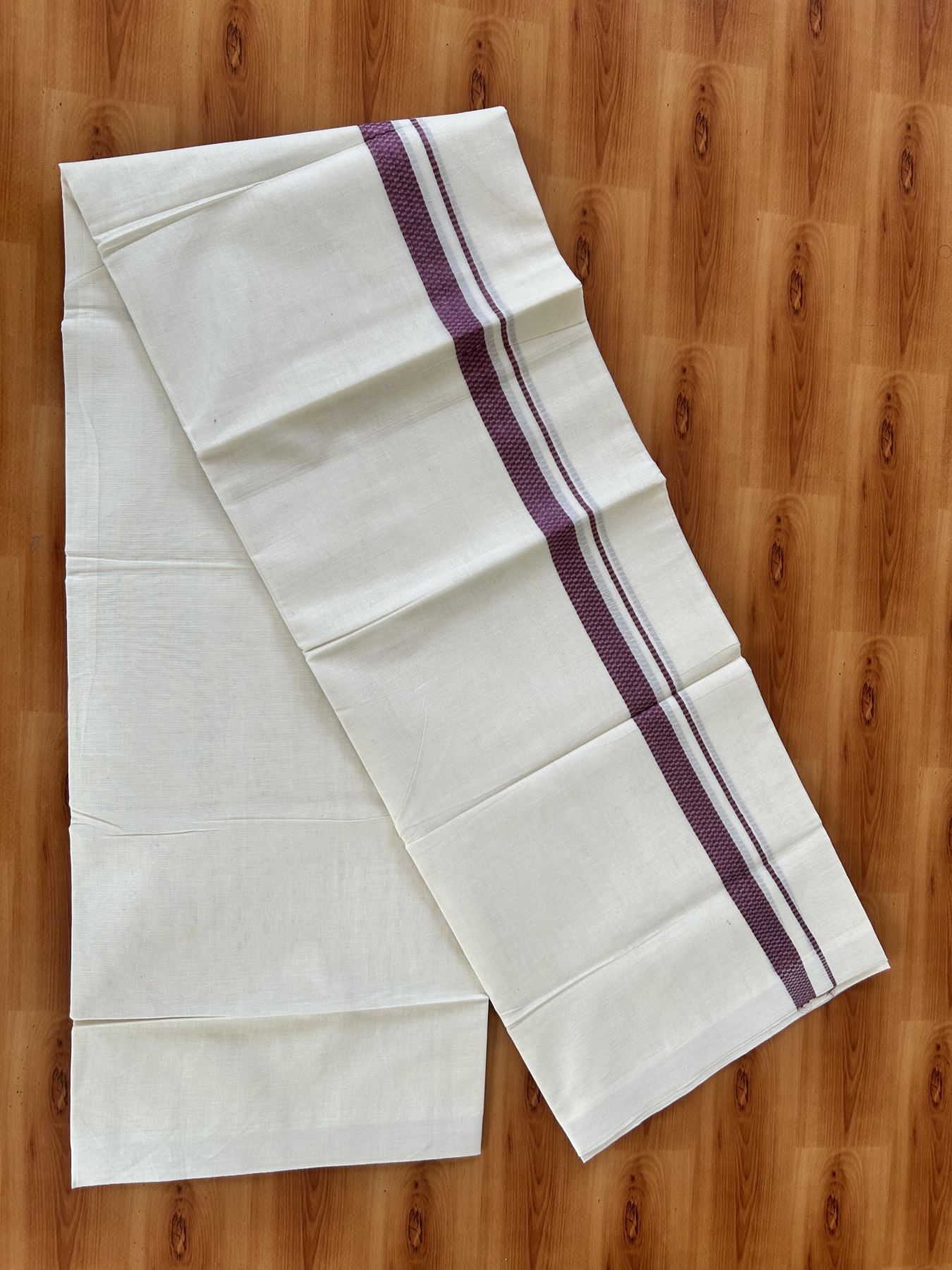 Double Off White (Unbleached) Mundu/Dhoti- 20% Discount! KaithariKada Pure Cotton - 100X80 - 1 inch Onion Pink Shaded Check Design Kara - 4 mtr (8.5 Muzham) - 6 KK5452 THI