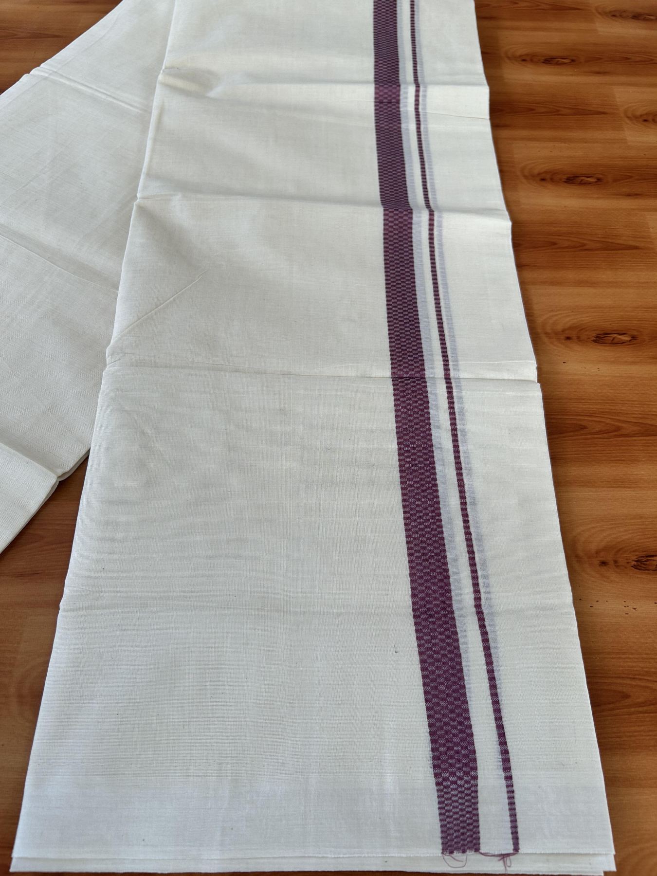 Double Off White (Unbleached) Mundu/Dhoti- 20% Discount! KaithariKada Pure Cotton - 100X80 - 1 inch Onion Pink Shaded Check Design Kara - 4 mtr (8.5 Muzham) - 6 KK5452 THI