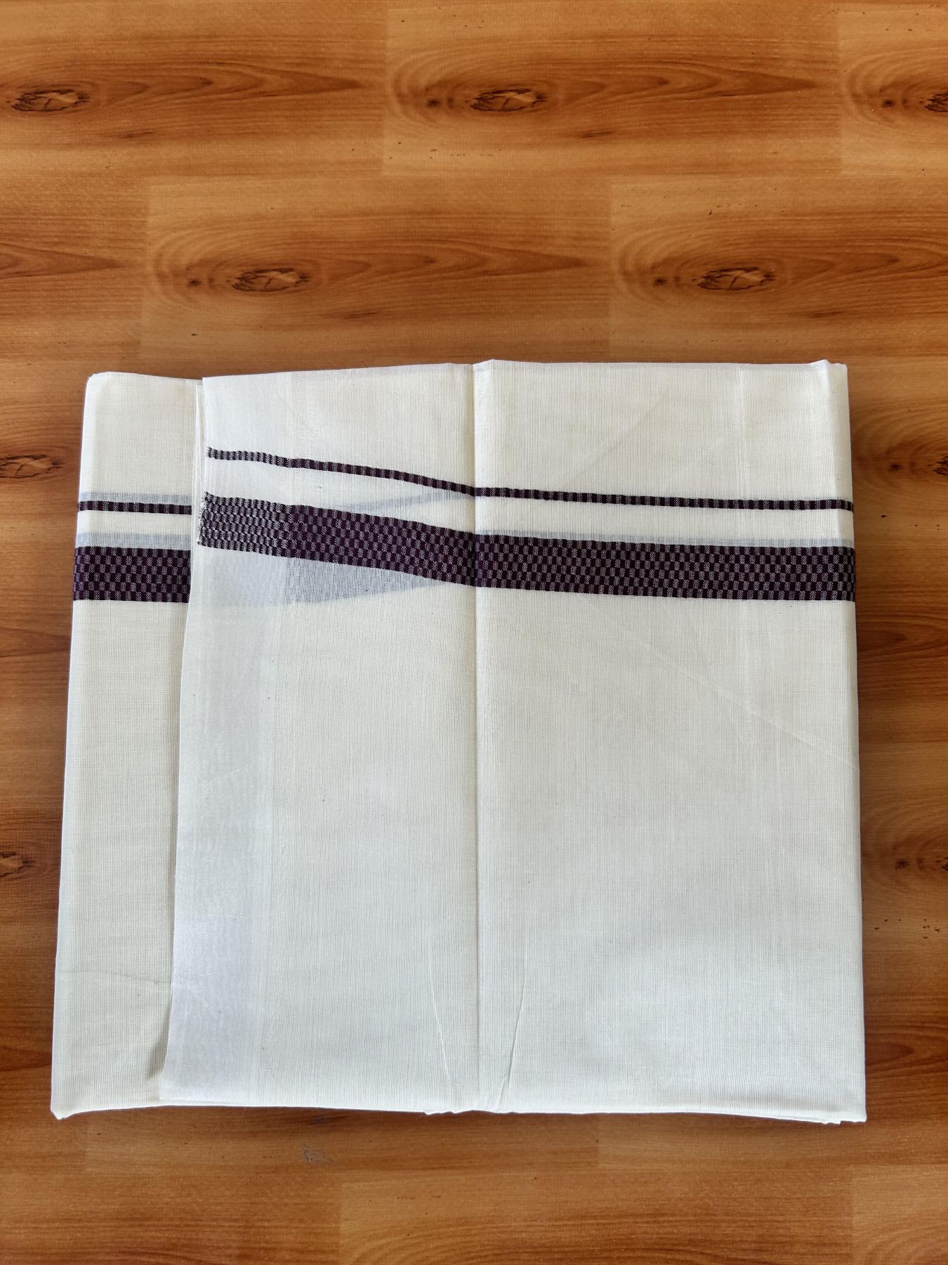 Double Off White (Unbleached) Mundu/Dhoti- 20% Discount! KaithariKada Pure Cotton - 100X80 - 1 inch Burgundy Shaded Check Design Kara - 4 mtr (8.5 Muzham) - 7 KK5452 THI