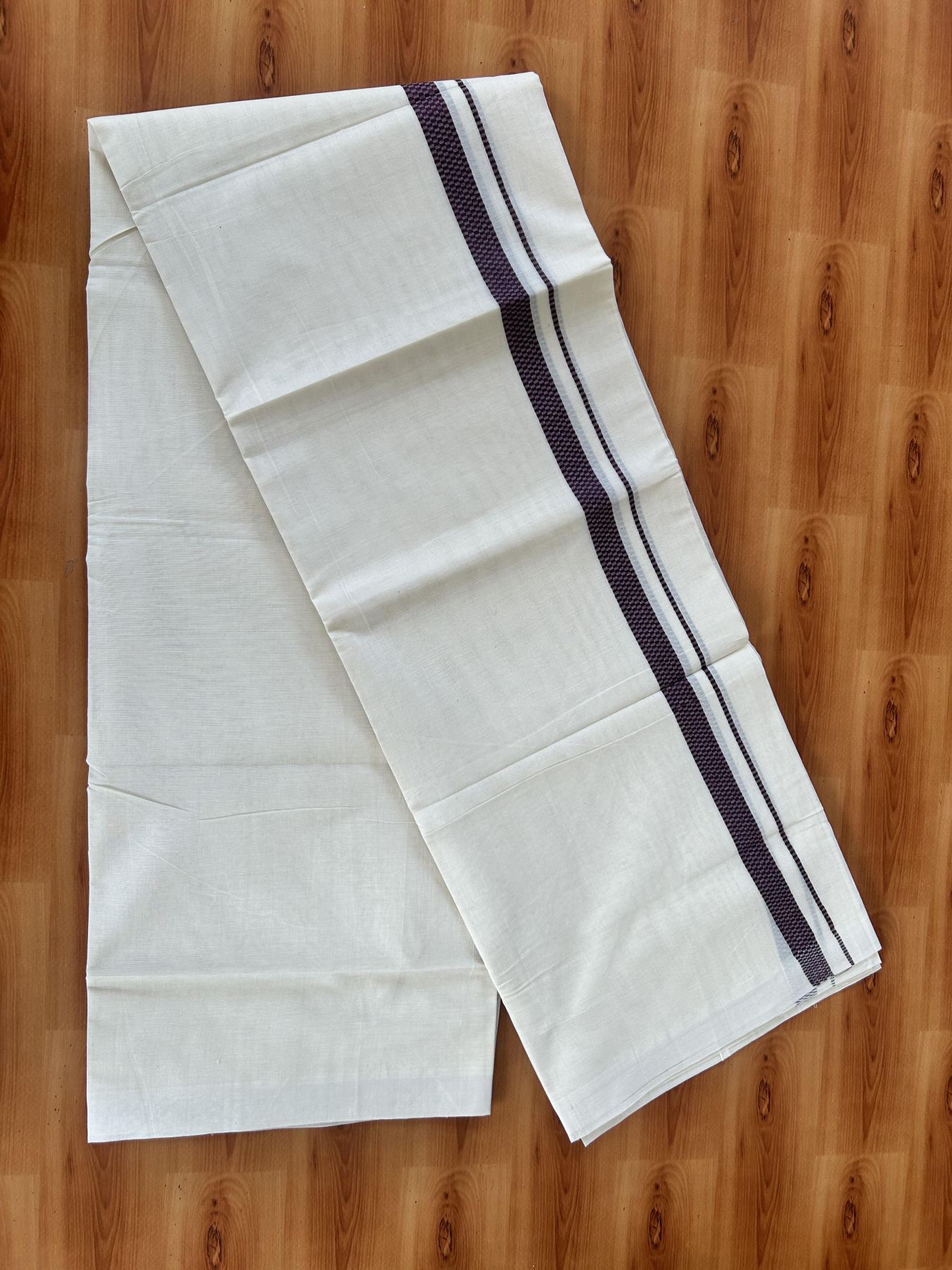 Double Off White (Unbleached) Mundu/Dhoti- 20% Discount! KaithariKada Pure Cotton - 100X80 - 1 inch Burgundy Shaded Check Design Kara - 4 mtr (8.5 Muzham) - 7 KK5452 THI