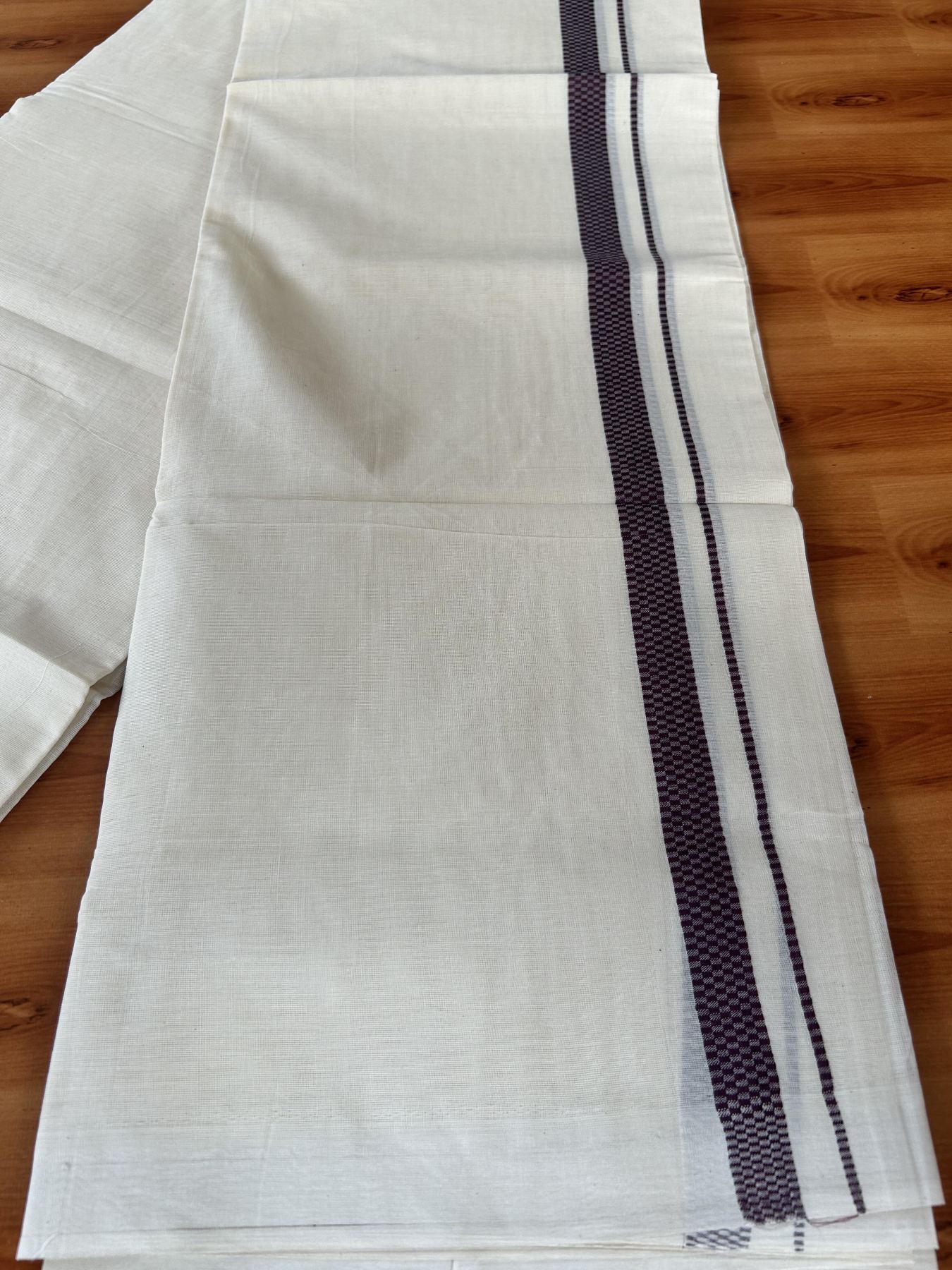 Double Off White (Unbleached) Mundu/Dhoti- 20% Discount! KaithariKada Pure Cotton - 100X80 - 1 inch Burgundy Shaded Check Design Kara - 4 mtr (8.5 Muzham) - 7 KK5452 THI