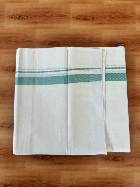 Double Off White (Unbleached) Mundu/Dhoti- 20% Discount! KaithariKada Pure Cotton - 100X80 - 1 inch Mint Green Shaded Check Design Kara - 4 mtr (8.5 Muzham) - 9 KK5452 THI