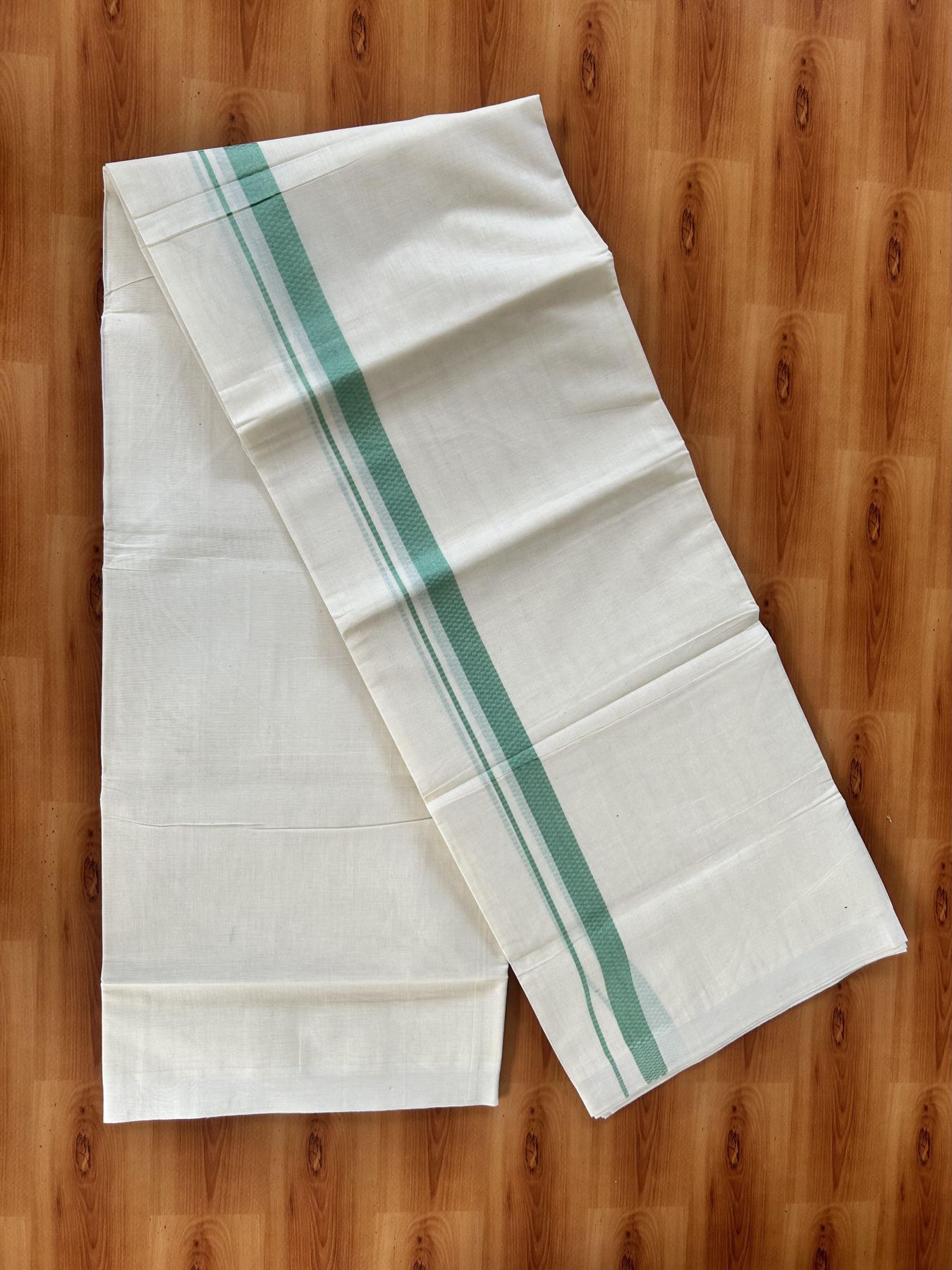Double Off White (Unbleached) Mundu/Dhoti- 20% Discount! KaithariKada Pure Cotton - 100X80 - 1 inch Mint Green Shaded Check Design Kara - 4 mtr (8.5 Muzham) - 9 KK5452 THI