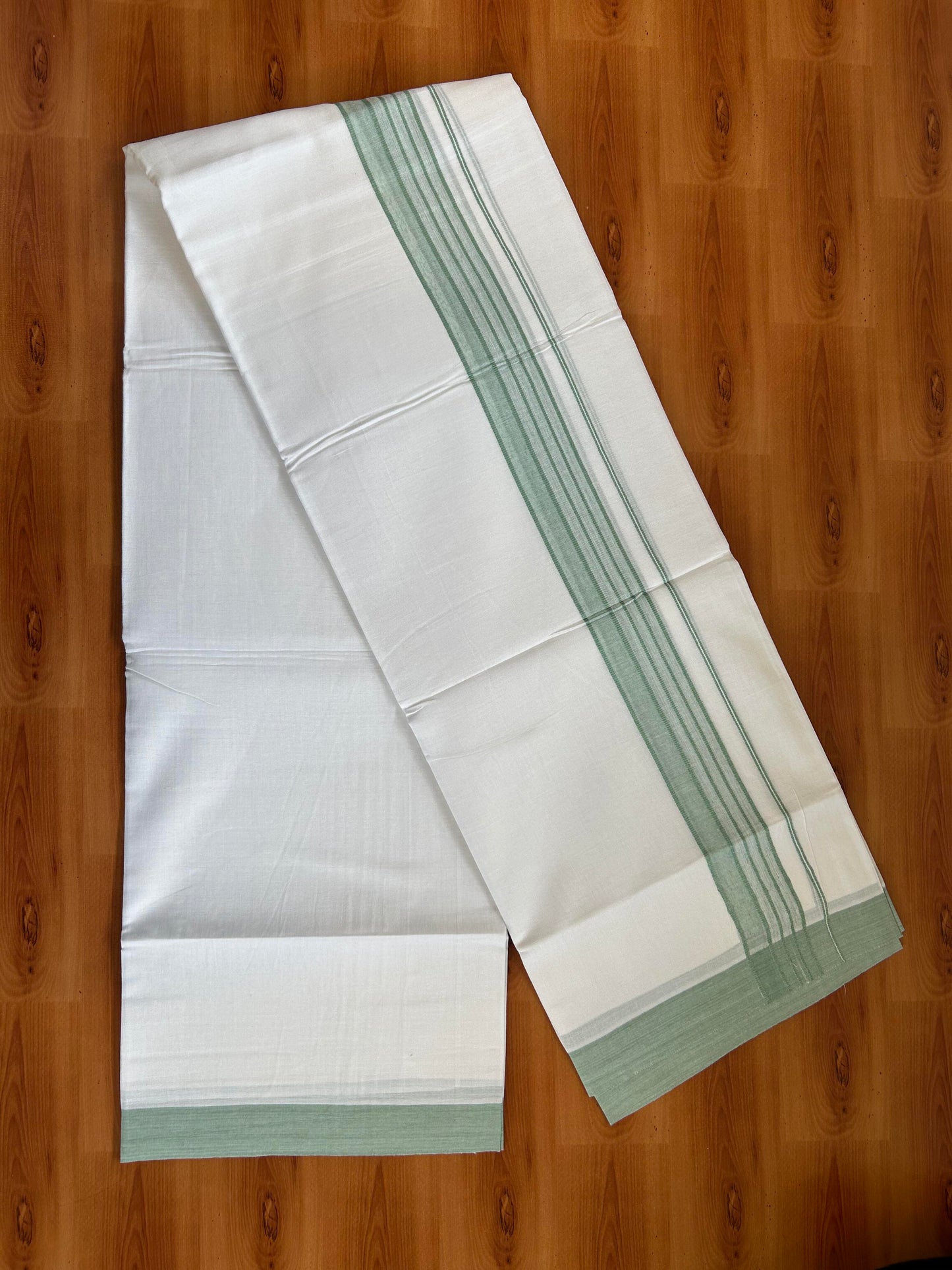 Double Pure White Mundu/Dhoti -20% Discount ! KaithariKada Balaramapuram 100% Cotton - 60s - 1.75 Inch Light Pista Green Shaded Striped Kara - 3.80mtr ( 8 muzham) - 50 KK5398 PMC