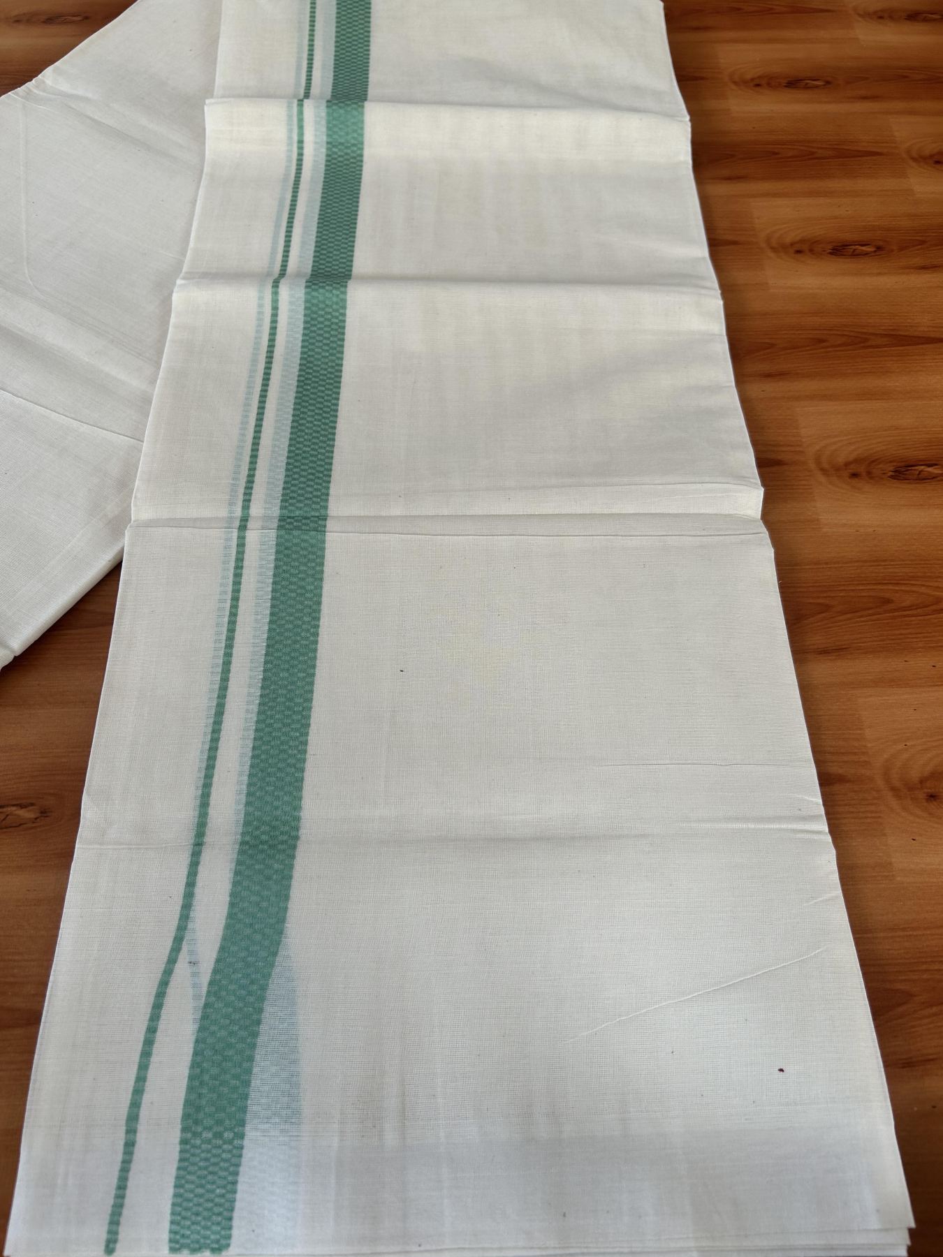 Double Off White (Unbleached) Mundu/Dhoti- 20% Discount! KaithariKada Pure Cotton - 100X80 - 1 inch Mint Green Shaded Check Design Kara - 4 mtr (8.5 Muzham) - 9 KK5452 THI