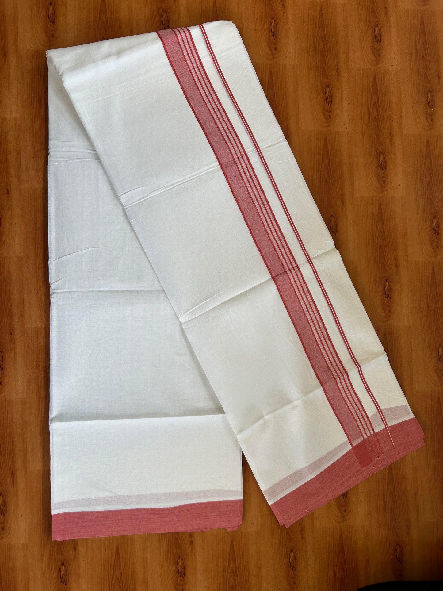 Double Pure White Mundu/Dhoti -20% Discount ! KaithariKada Balaramapuram 100% Cotton - 60s - 1.75 Inch Reddish Peach Shaded Striped Kara - 3.80mtr ( 8 muzham) - 54 KK5398 PMC