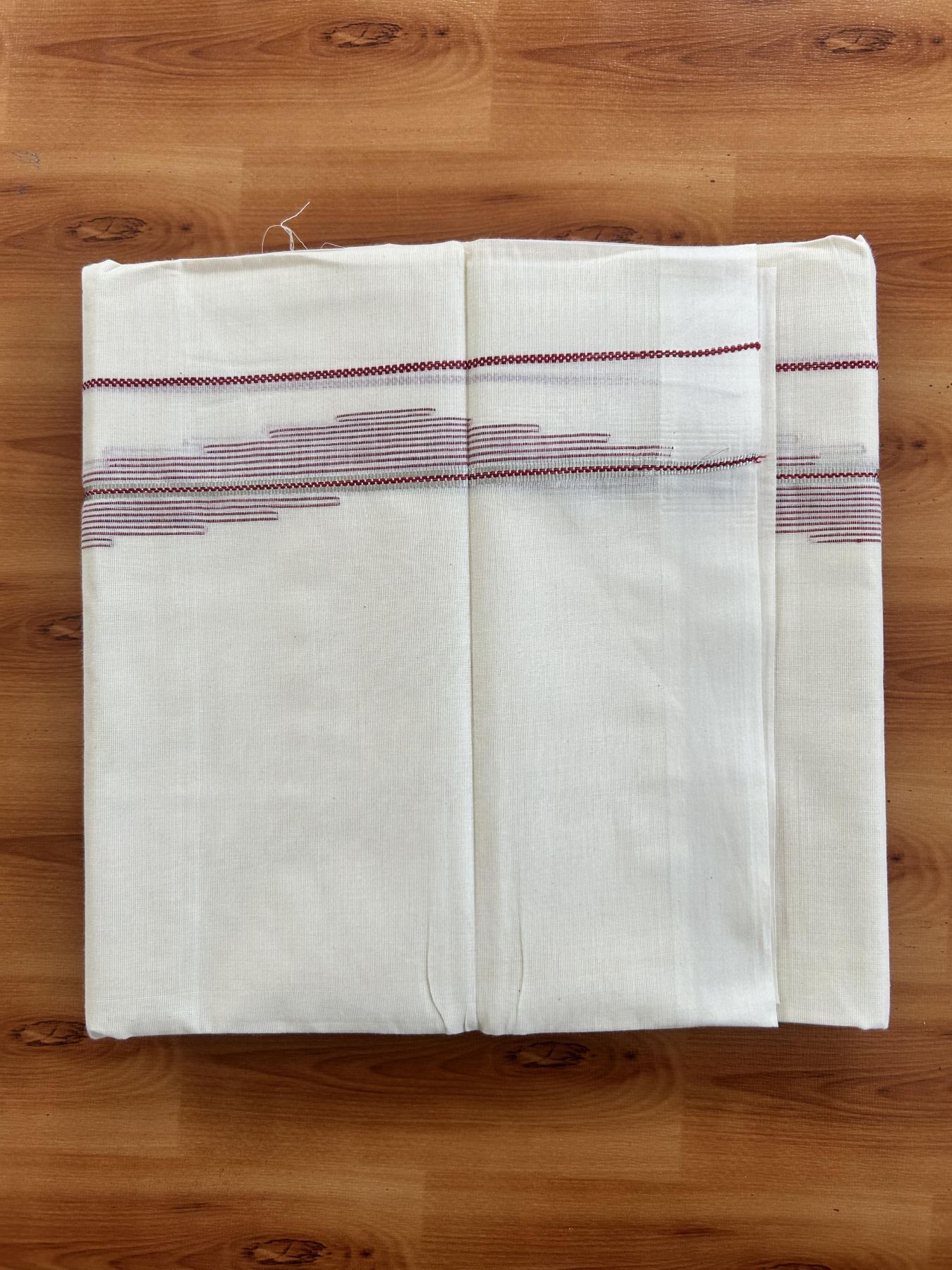 Double Off White (Unbleached) Mundu/Dhoti- 20% Discount! KaithariKada Pure Cotton - 100X80 - 1.25 inch Silver Kasav & Red Stripes Jacquard Design Kara - 4 mtr (8.5 Muzham) - 31 KK5452 THI