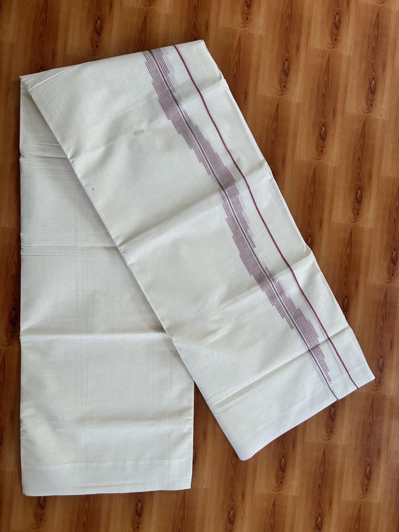 Double Off White (Unbleached) Mundu/Dhoti- 20% Discount! KaithariKada Pure Cotton - 100X80 - 1.25 inch Silver Kasav & Red Stripes Jacquard Design Kara - 4 mtr (8.5 Muzham) - 31 KK5452 THI