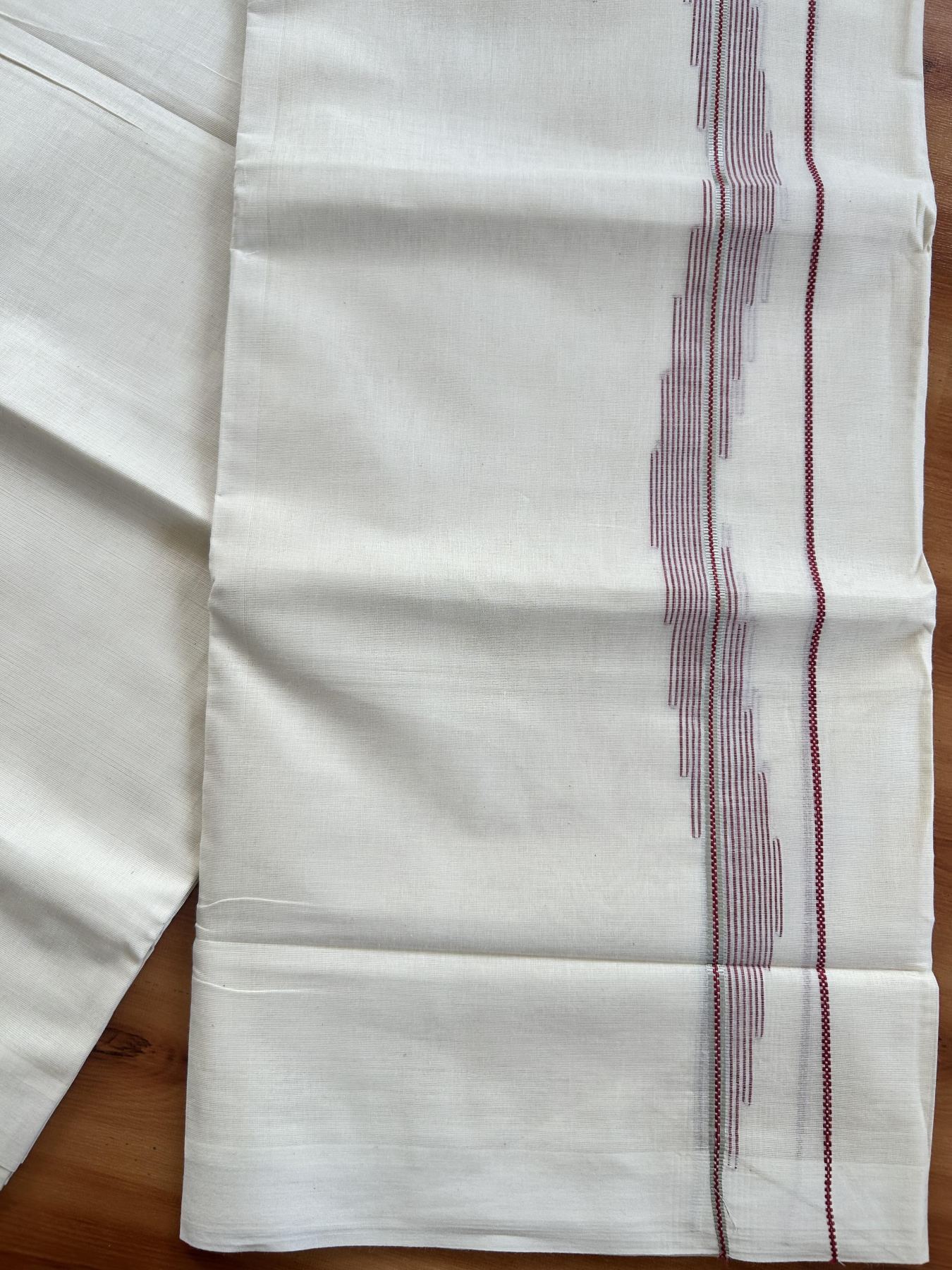 Double Off White (Unbleached) Mundu/Dhoti- 20% Discount! KaithariKada Pure Cotton - 100X80 - 1.25 inch Silver Kasav & Red Stripes Jacquard Design Kara - 4 mtr (8.5 Muzham) - 31 KK5452 THI
