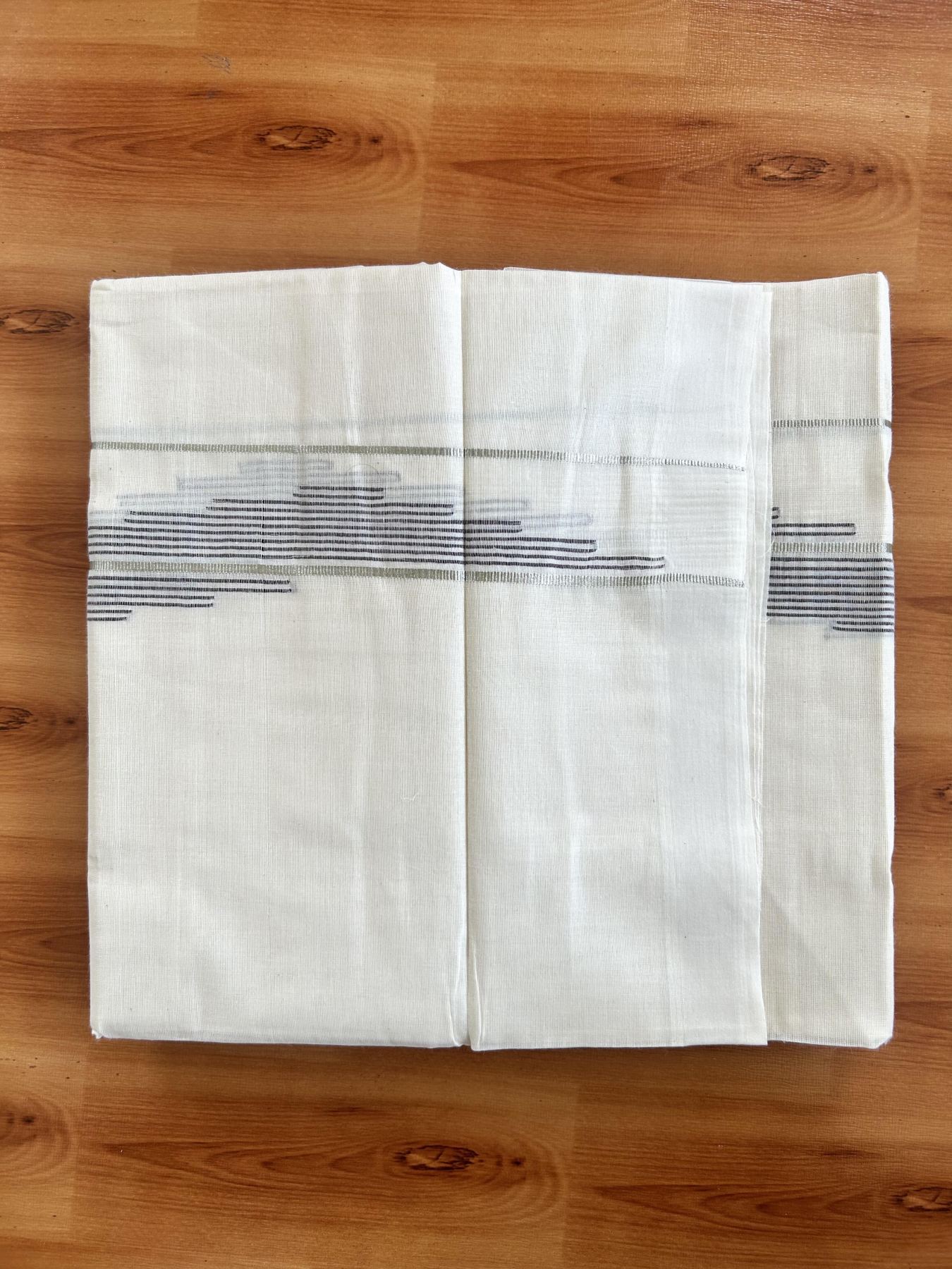 Double Off White (Unbleached) Mundu/Dhoti- 20% Discount! KaithariKada Pure Cotton - 100X80 - 1.25 inch Silver Kasav & Purple Stripes Jacquard Design Kara - 4 mtr (8.5 Muzham) - 32 KK5452 THI