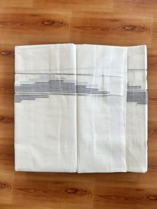 Double Off White (Unbleached) Mundu/Dhoti- 20% Discount! KaithariKada Pure Cotton - 100X80 - 1.25 inch Silver Kasav & Purple Stripes Jacquard Design Kara - 4 mtr (8.5 Muzham) - 32 KK5452 THI