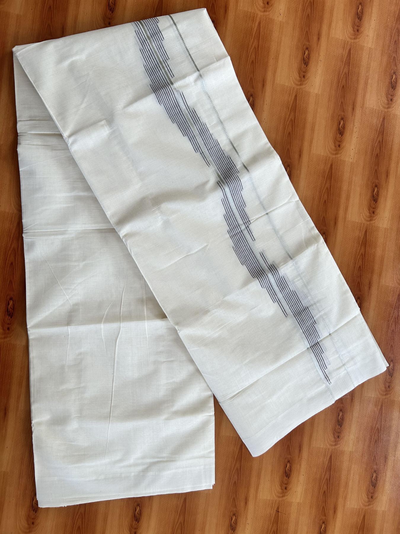 Double Off White (Unbleached) Mundu/Dhoti- 20% Discount! KaithariKada Pure Cotton - 100X80 - 1.25 inch Silver Kasav & Purple Stripes Jacquard Design Kara - 4 mtr (8.5 Muzham) - 32 KK5452 THI