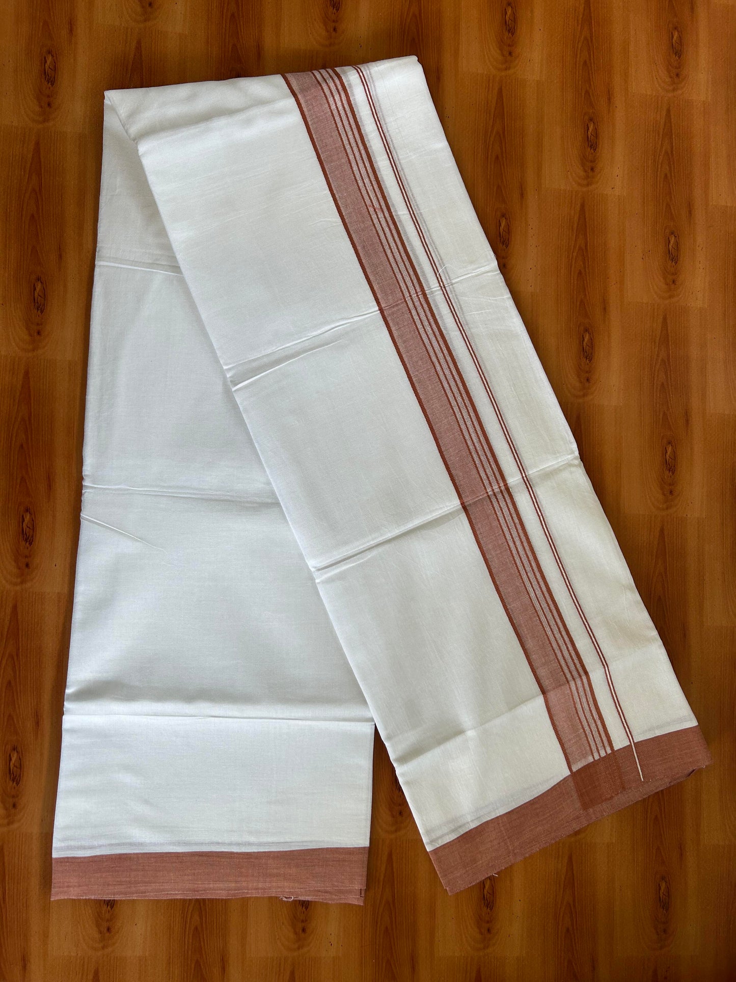 Double Pure White Mundu/Dhoti -20% Discount ! KaithariKada Balaramapuram 100% Cotton - 60s - 1.75 Inch Brownish Orange Shaded Striped Kara - 3.80mtr ( 8 muzham) - 56 KK5398 PMC