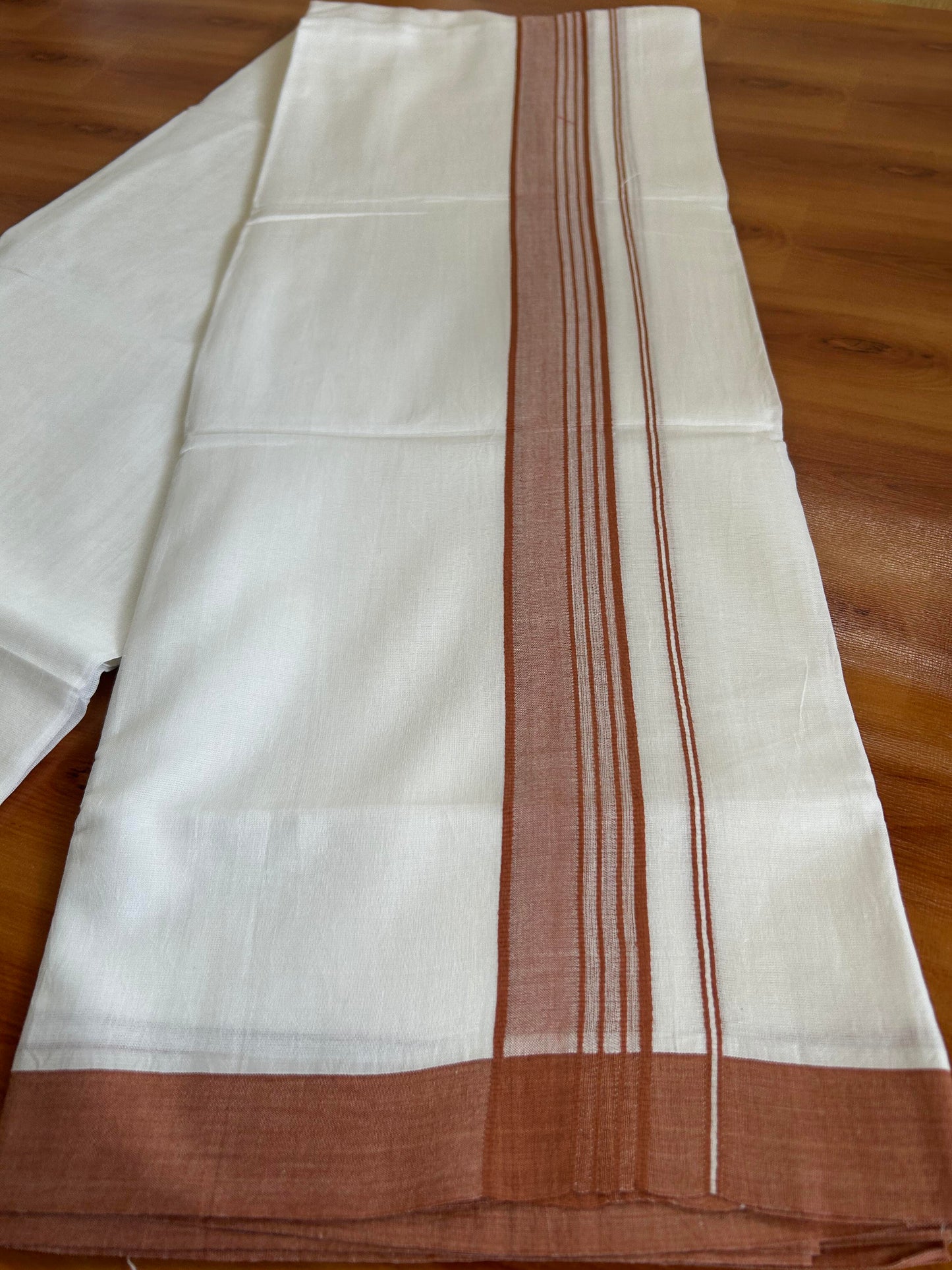 Double Pure White Mundu/Dhoti -20% Discount ! KaithariKada Balaramapuram 100% Cotton - 60s - 1.75 Inch Brownish Orange Shaded Striped Kara - 3.80mtr ( 8 muzham) - 56 KK5398 PMC