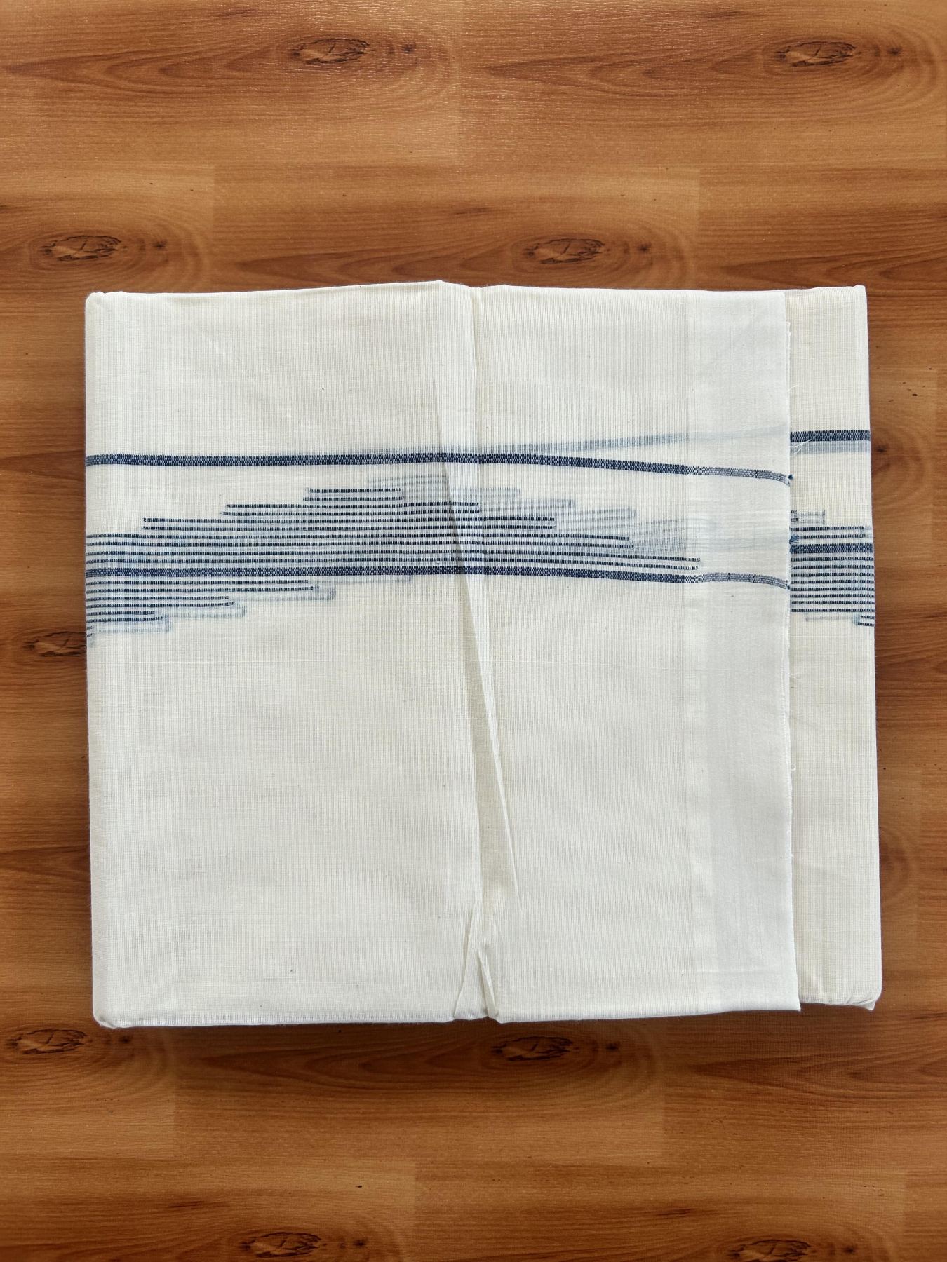 Double Off White (Unbleached) Mundu/Dhoti- 20% Discount! KaithariKada Pure Cotton - 100X80 - 1.5 inch Dark Peacock Blue Stripes Jacquard Design Kara - 4 mtr (8.5 Muzham) - 19 KK5452 THI