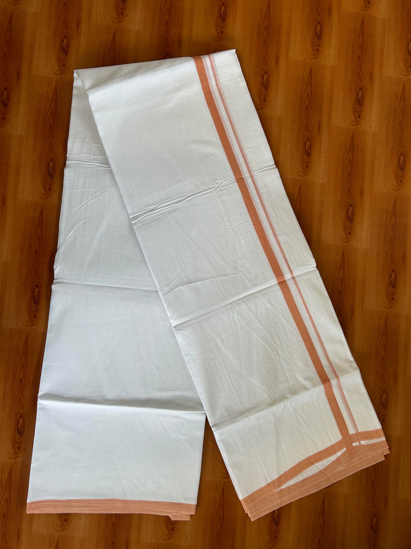 Double Pure White Mundu/Dhoti -20% Discount ! KaithariKada Balaramapuram 100% Cotton - 60s - 0.5 Inch Peach Shaded Striped Kara - 3.80mtr ( 8 muzham) - 61 KK5398 PMC