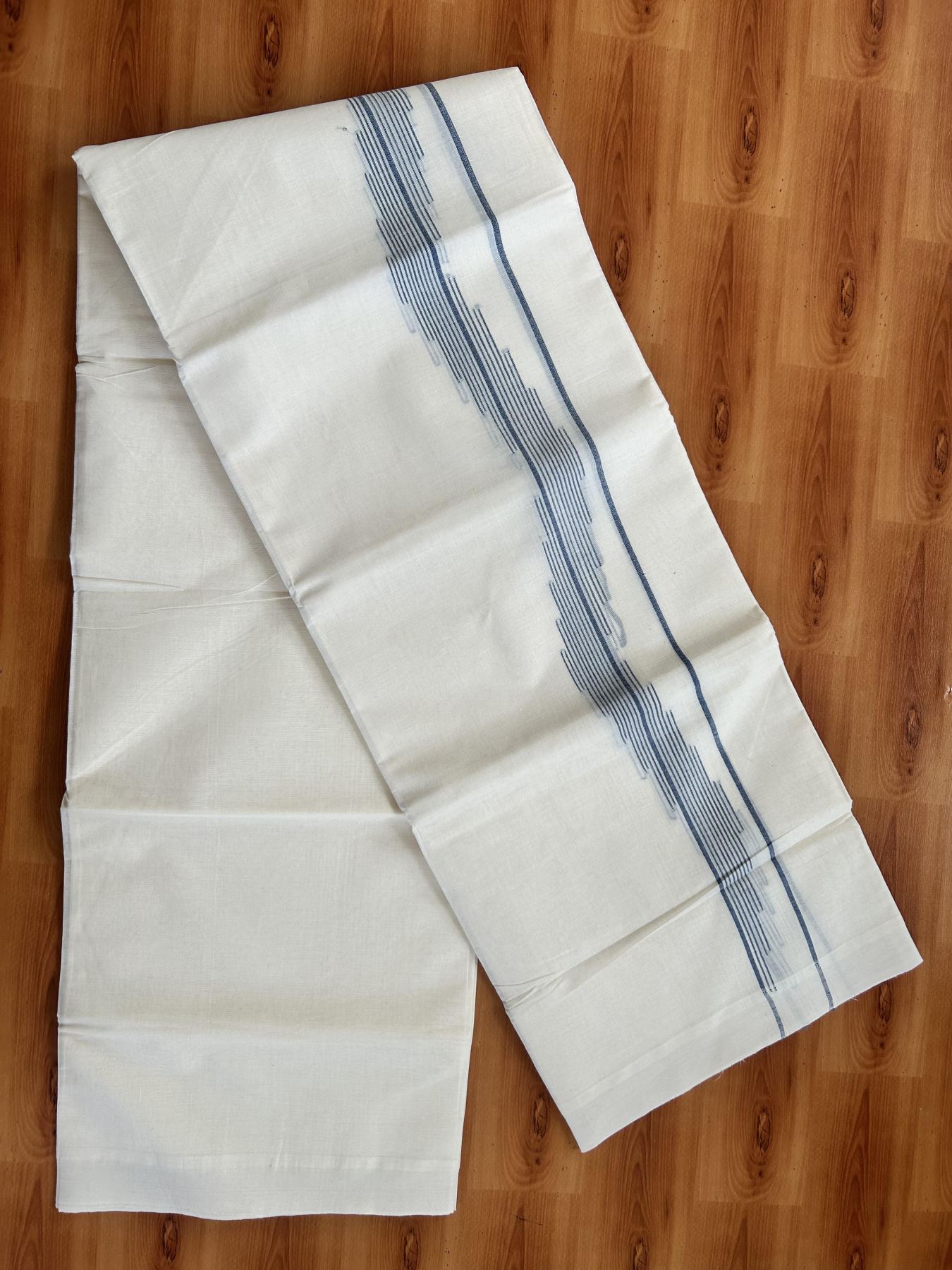 Double Off White (Unbleached) Mundu/Dhoti- 20% Discount! KaithariKada Pure Cotton - 100X80 - 1.5 inch Dark Peacock Blue Stripes Jacquard Design Kara - 4 mtr (8.5 Muzham) - 19 KK5452 THI
