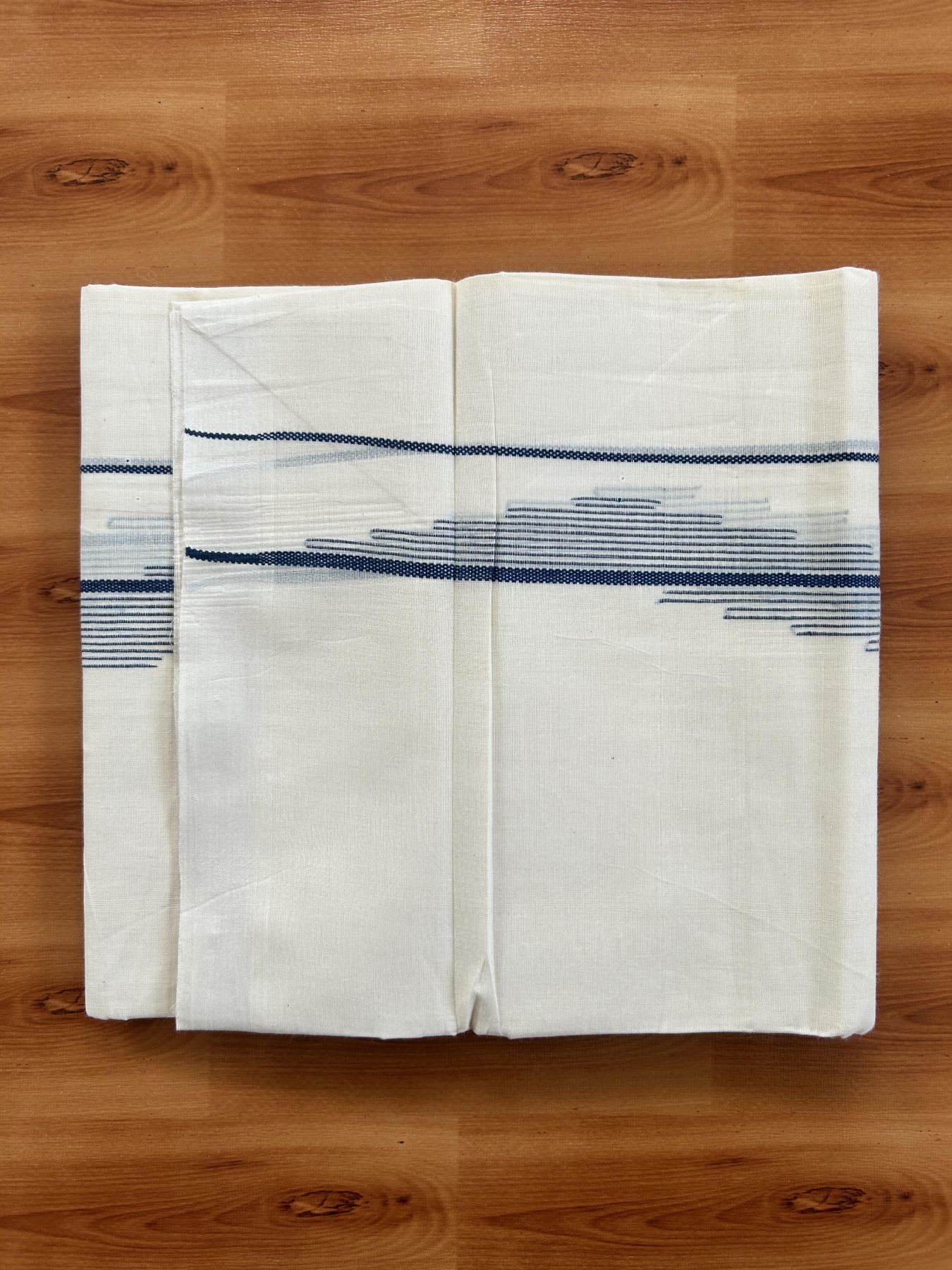 Double Off White (Unbleached) Mundu/Dhoti- 20% Discount! KaithariKada Pure Cotton - 100X80 - 1.5 inch Dark Peacock Blue Stripes Jacquard Design Kara - 4 mtr (8.5 Muzham) - 20 KK5452 THI