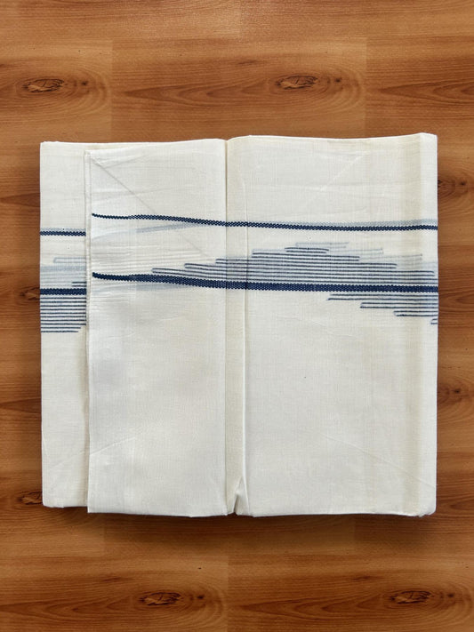 Double Off White (Unbleached) Mundu/Dhoti- 20% Discount! KaithariKada Pure Cotton - 100X80 - 1.5 inch Dark Peacock Blue Stripes Jacquard Design Kara - 4 mtr (8.5 Muzham) - 20 KK5452 THI