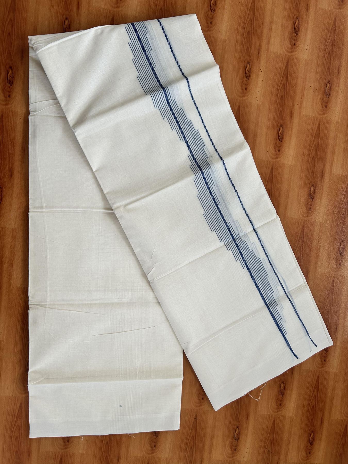 Double Off White (Unbleached) Mundu/Dhoti- 20% Discount! KaithariKada Pure Cotton - 100X80 - 1.5 inch Dark Peacock Blue Stripes Jacquard Design Kara - 4 mtr (8.5 Muzham) - 20 KK5452 THI