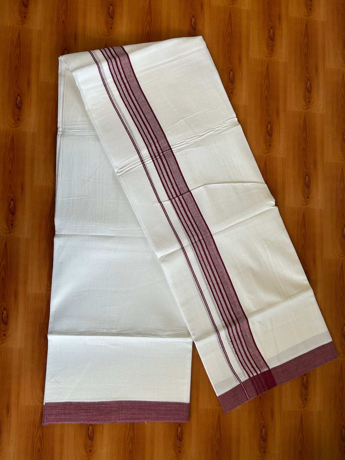 Double Pure White Mundu/Dhoti -20% Discount ! KaithariKada Balaramapuram 100% Cotton - 60s - 1.75 Inch Maroon Shaded Striped Kara - 3.80mtr ( 8 muzham) - 57 KK5398 PMC