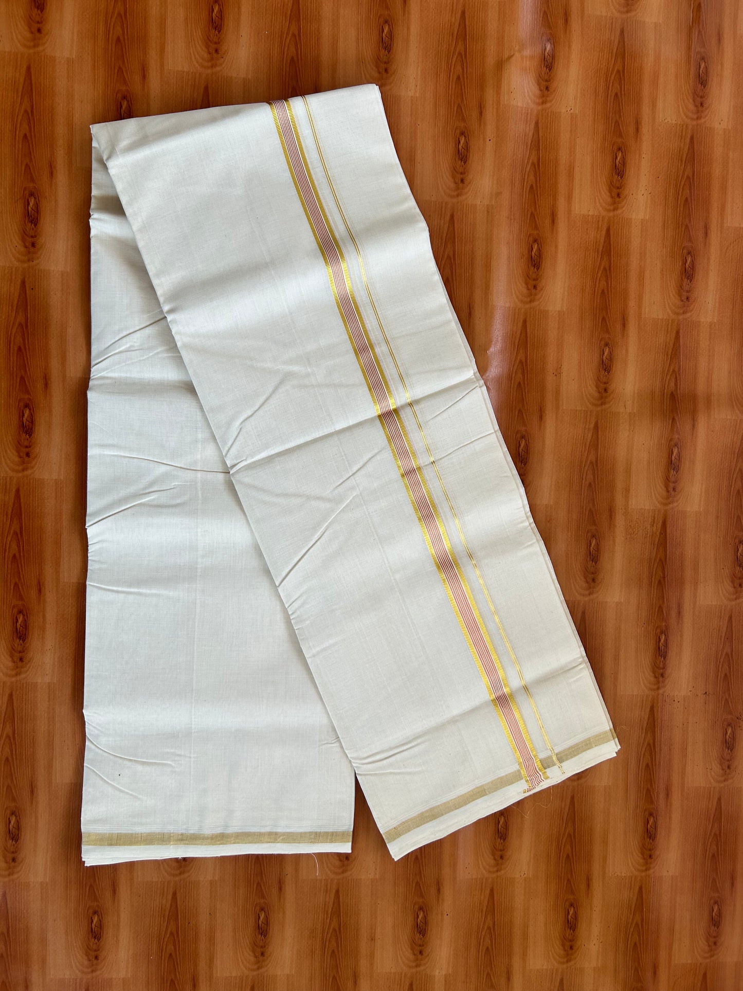 25% Discount! KaithariKada Kerala Handloom Millpaav - 100% Pure Cotton Off White (Unbleached) Double Mundu/Dhoti - 100X80 - 0.75 inch Gold & Copper Kasav Striped Kara 3.80 (8.14 Muzham) - 37 KK5380 SOM