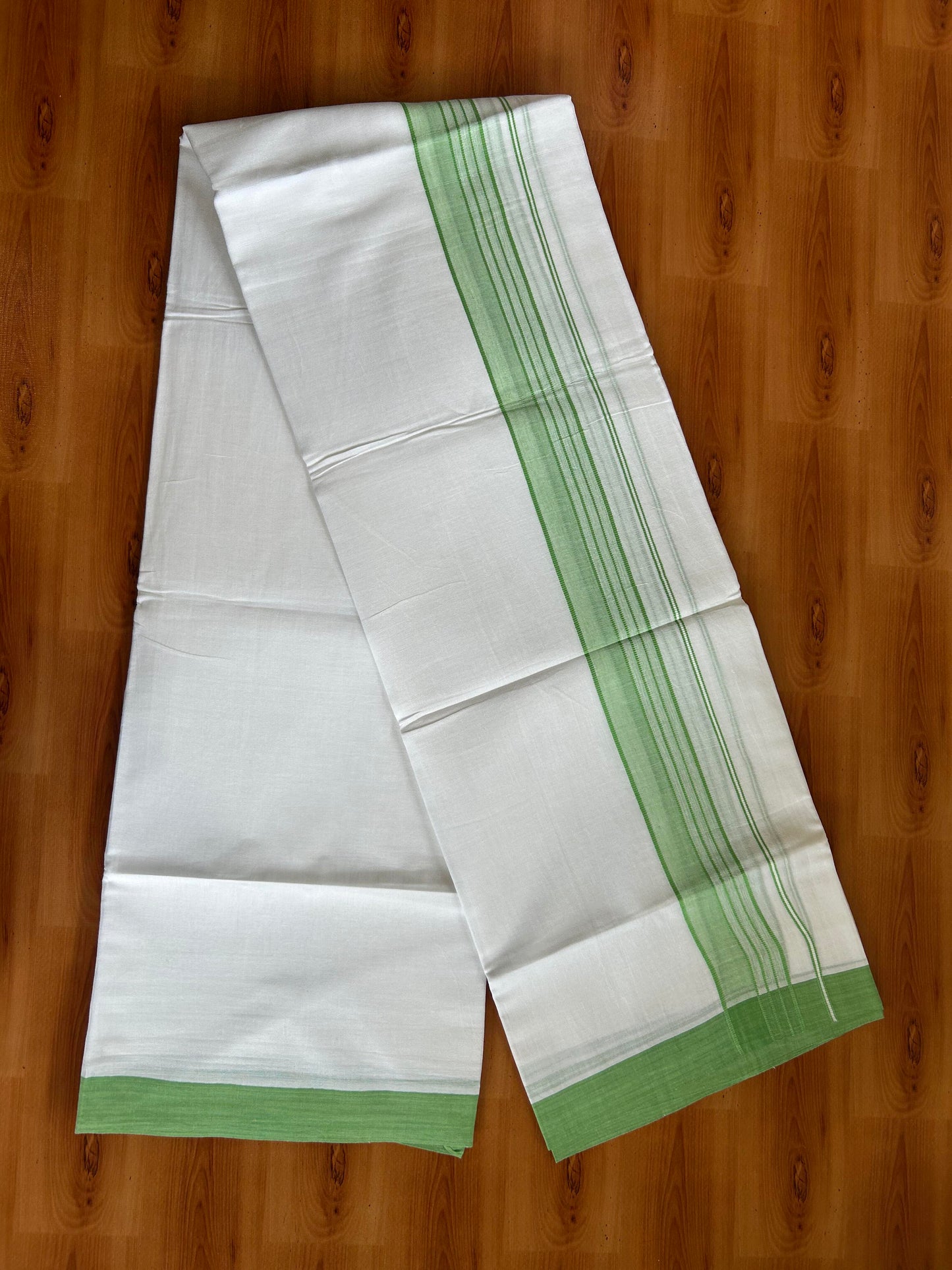 Double Pure White Mundu/Dhoti -20% Discount ! KaithariKada Balaramapuram 100% Cotton - 60s - 1.75 Inch Light Green Shaded Striped Kara - 3.80mtr ( 8 muzham) - 55 KK5398 PMC