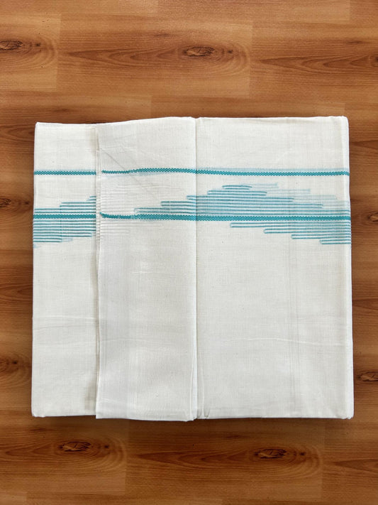 Double Off White (Unbleached) Mundu/Dhoti- 20% Discount! KaithariKada Pure Cotton - 100X80 - 1.5 inch Turquoise Stripes Jacquard Design Kara - 4 mtr (8.5 Muzham) - 13 KK5452 THI