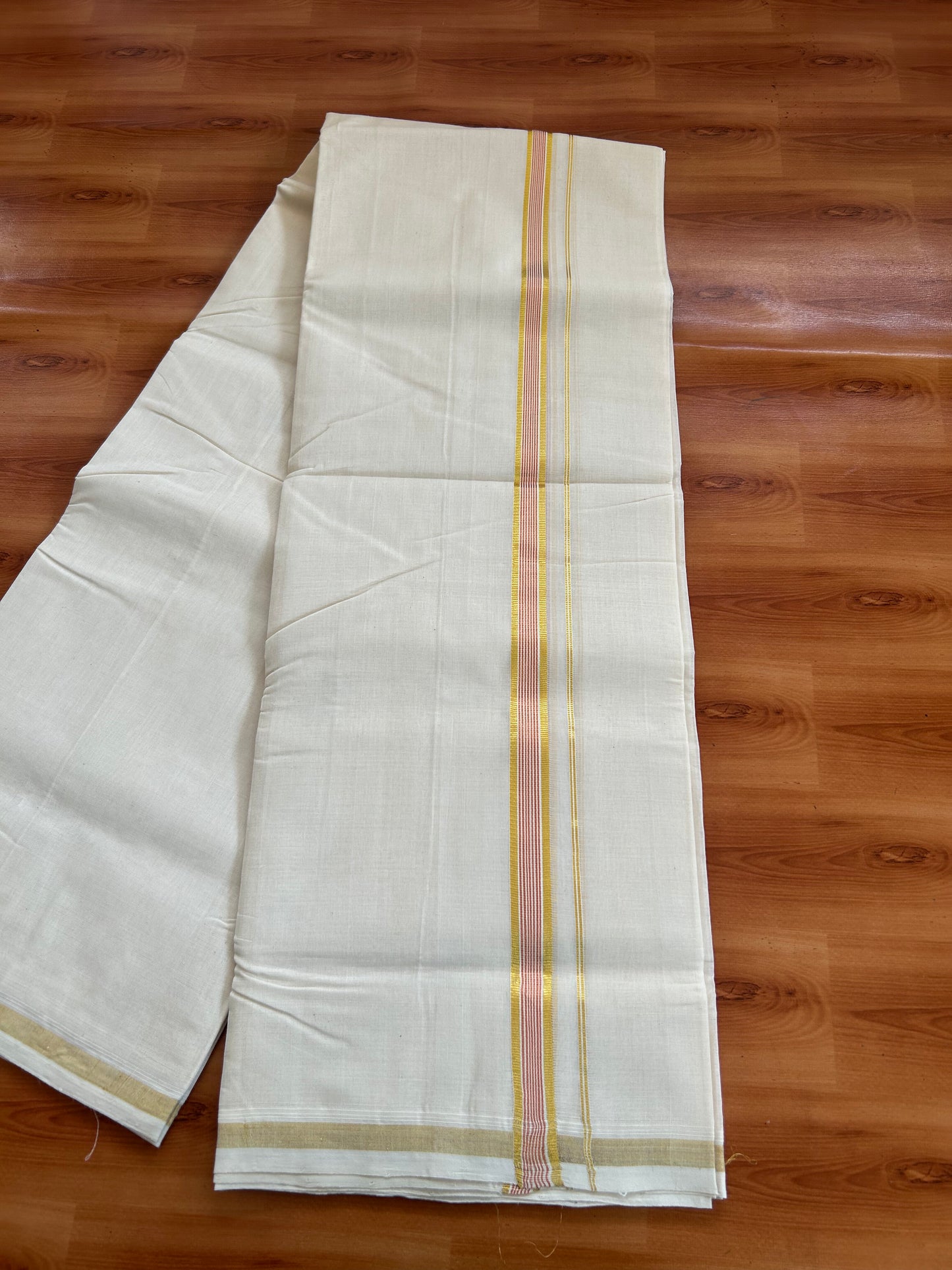25% Discount! KaithariKada Kerala Handloom Millpaav - 100% Pure Cotton Off White (Unbleached) Double Mundu/Dhoti - 100X80 - 0.75 inch Gold & Copper Kasav Striped Kara 3.80 (8.14 Muzham) - 37 KK5380 SOM
