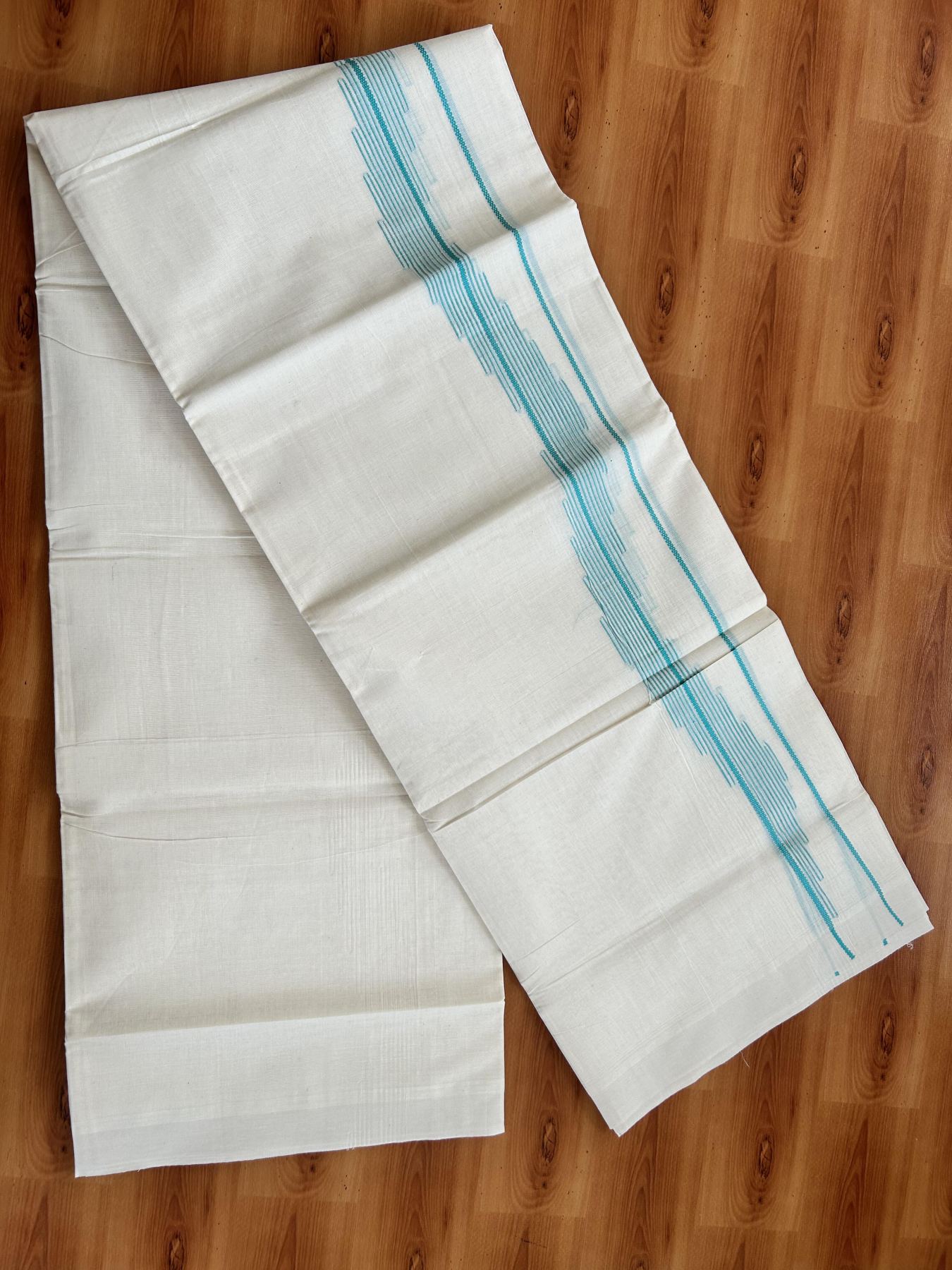 Double Off White (Unbleached) Mundu/Dhoti- 20% Discount! KaithariKada Pure Cotton - 100X80 - 1.5 inch Turquoise Stripes Jacquard Design Kara - 4 mtr (8.5 Muzham) - 13 KK5452 THI