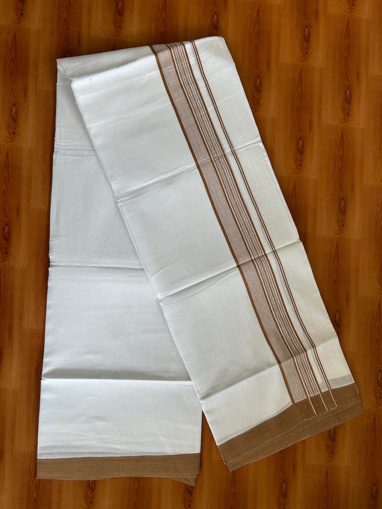 Double Pure White Mundu/Dhoti -20% Discount ! KaithariKada Balaramapuram 100% Cotton - 60s - 1.75 Inch Brownish Orange Shaded Striped Kara - 3.80mtr ( 8 muzham) - 44 KK5398 PMC