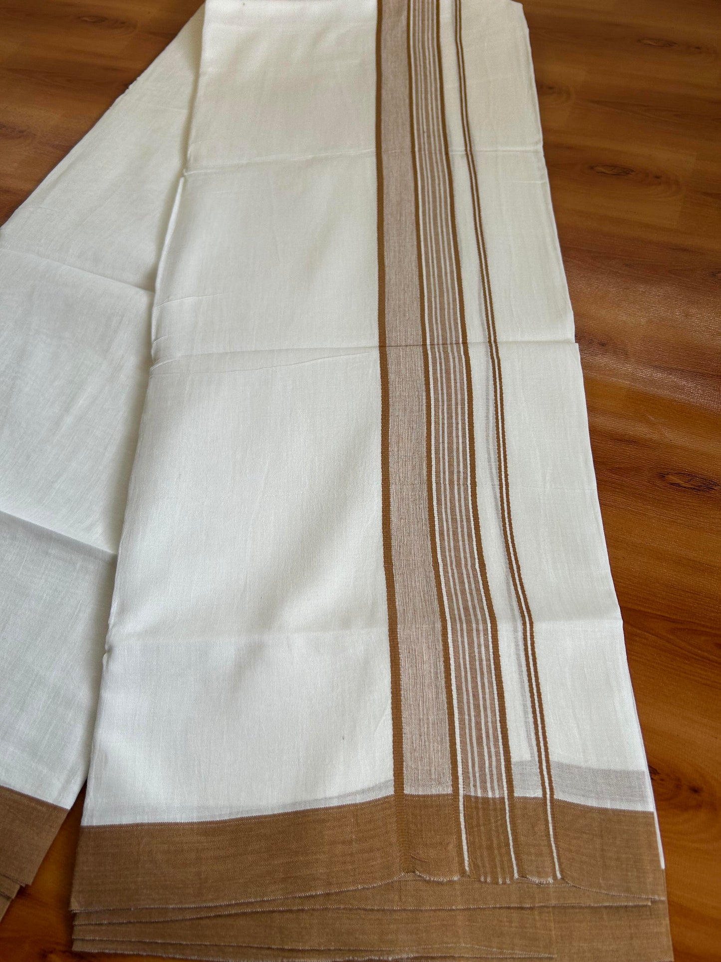 Double Pure White Mundu/Dhoti -20% Discount ! KaithariKada Balaramapuram 100% Cotton - 60s - 1.75 Inch Brownish Orange Shaded Striped Kara - 3.80mtr ( 8 muzham) - 44 KK5398 PMC